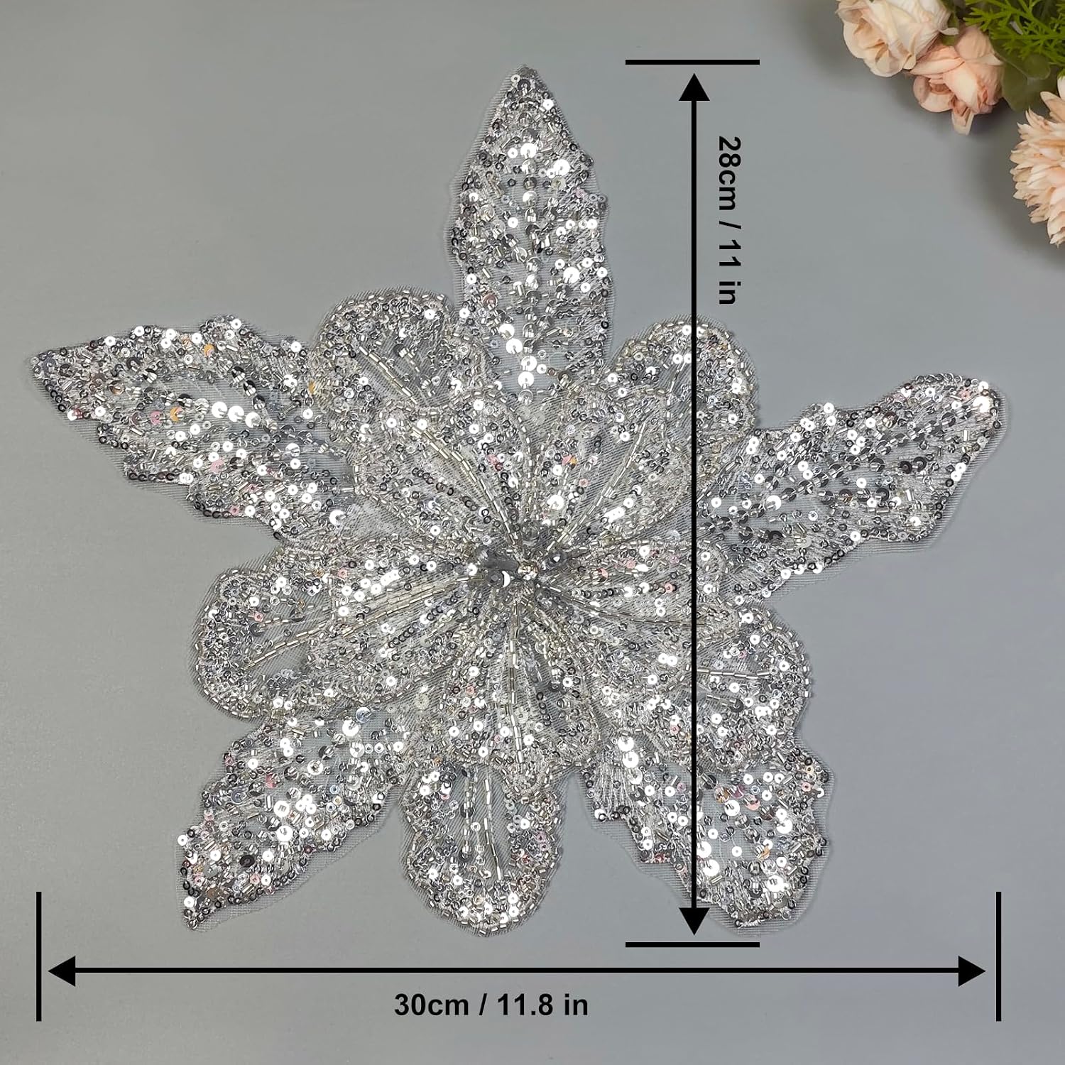 Silvery Beaded Sequin Lace Applique for Dress，Handmade Floral Beads Embroidered Lace Patches，Sequins 3D Flower Appliques,Flower Rhinestone Beaded Patches (11.8 X 11 Inch)