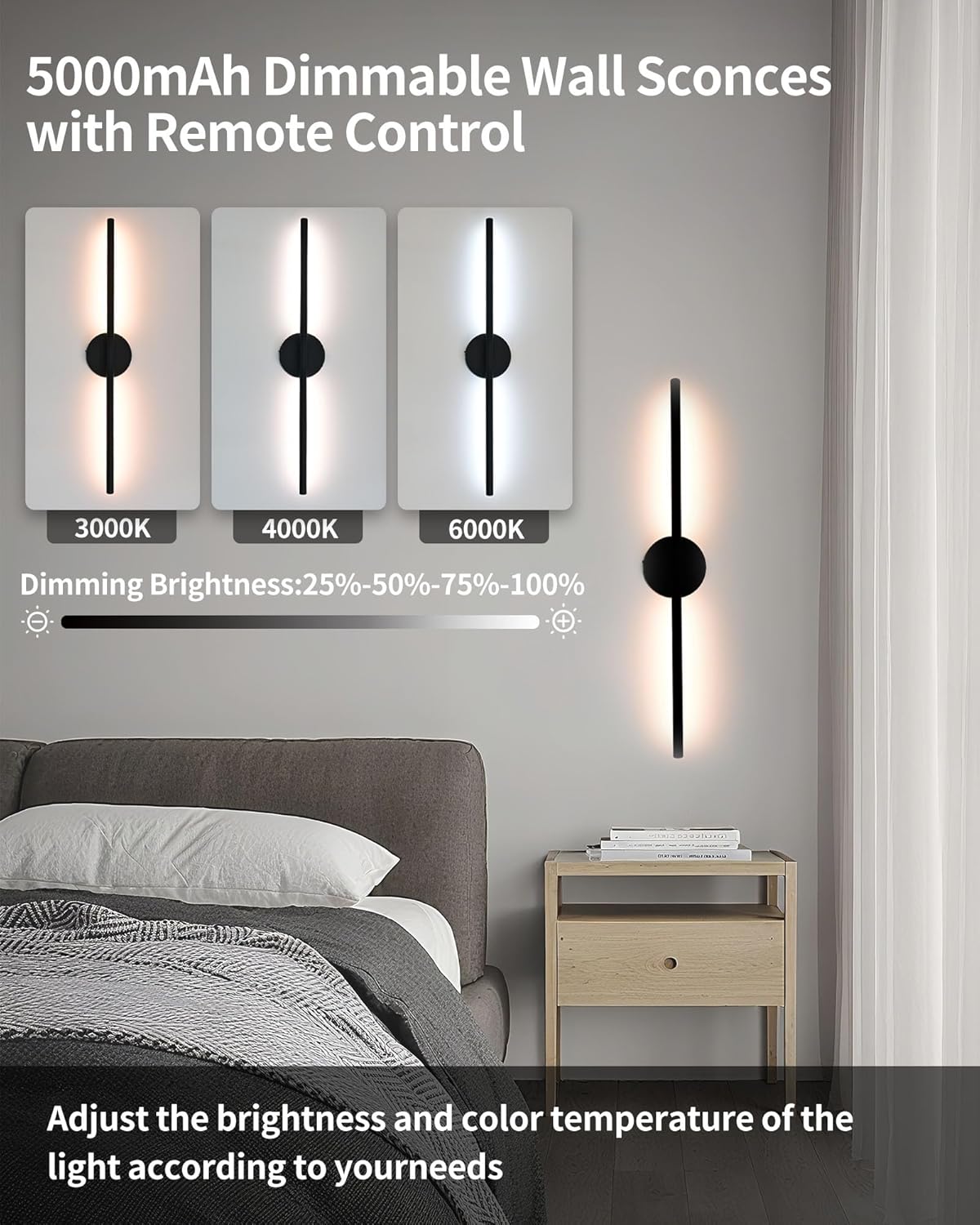 Wireless Wall Sconces Set of 2 ，28Inch Battery Operated wall Lights with Remote Control，360°Rotate Dimmable ledWall Lamps for Living Room, Bedroom and Hallway (Black)