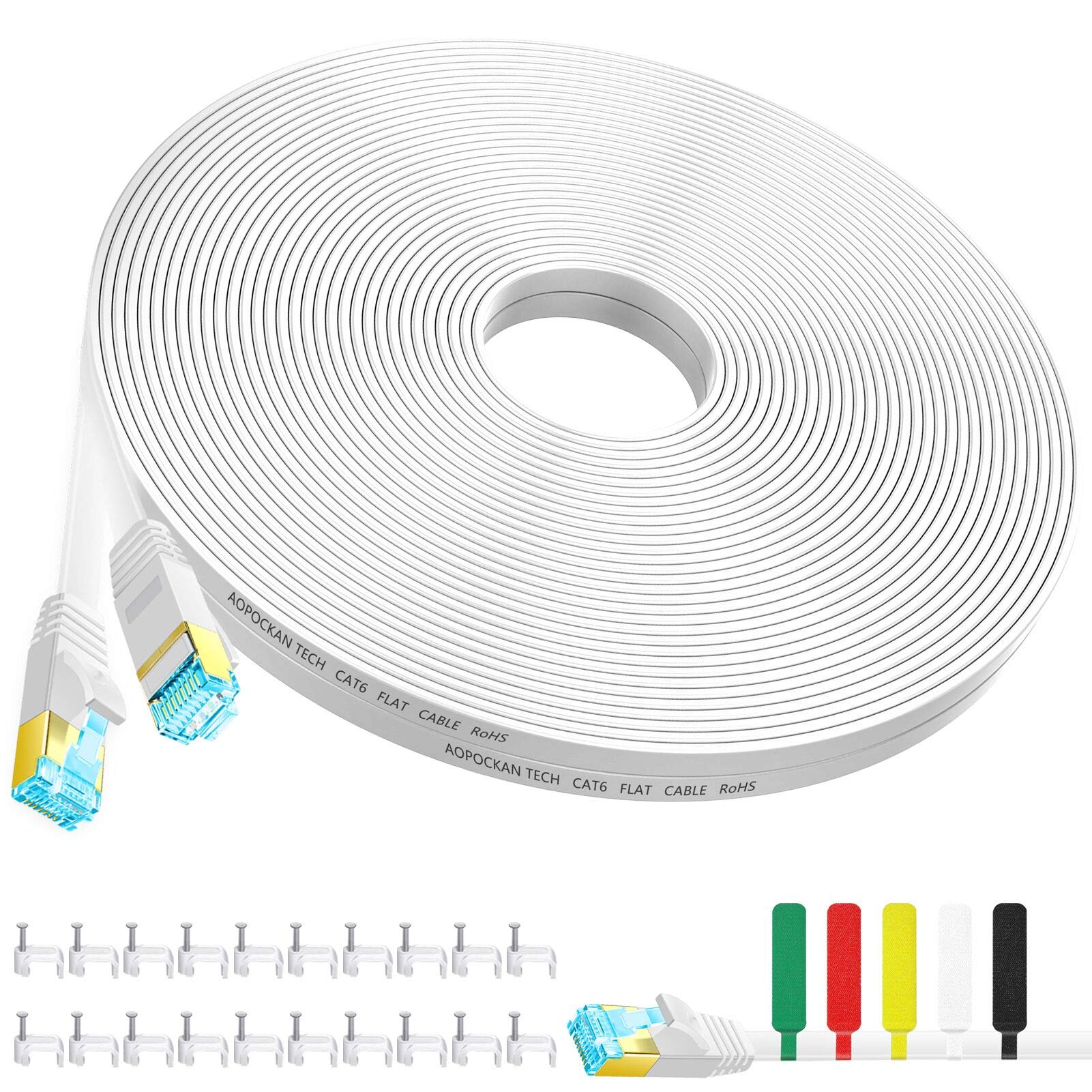 Cat 6 Ethernet Cable 100 ft,Flat Internet Network LAN Patch Cords-Solid Cat6 High Speed Computer Wire with Clips-Snagless Rj45 Connectors for Modem,Router,PS4 - Faster Than Cat5/Cat5e - 100ft White