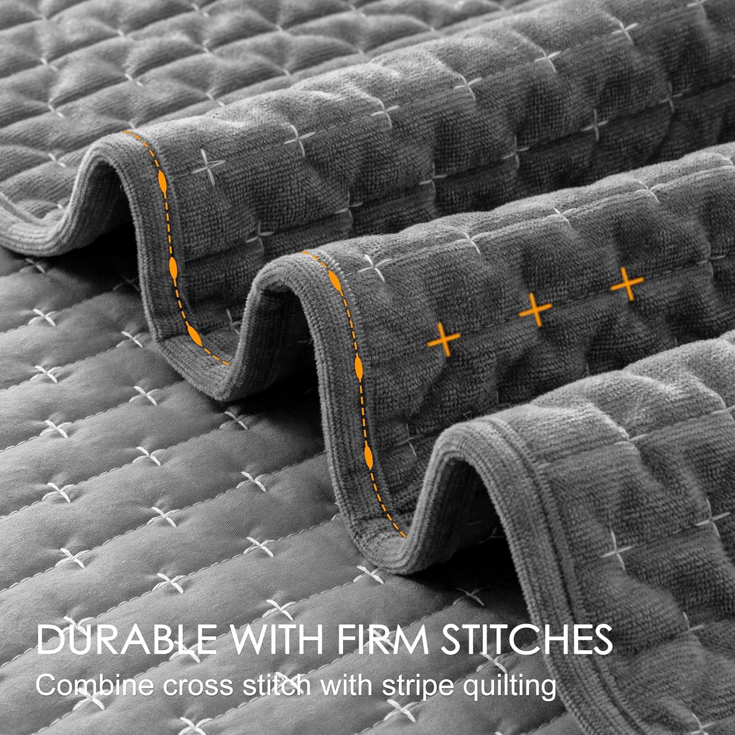 Powdion Velvet Quilt King Size, Oversized Bedspread Quilted Bedding Set, Luxurious Soft Coverlet Set Lightweight Velvet Comforter for All Season with 2 Pillow Shams, 96x106 Striped Quilt Set Gray - Image 3