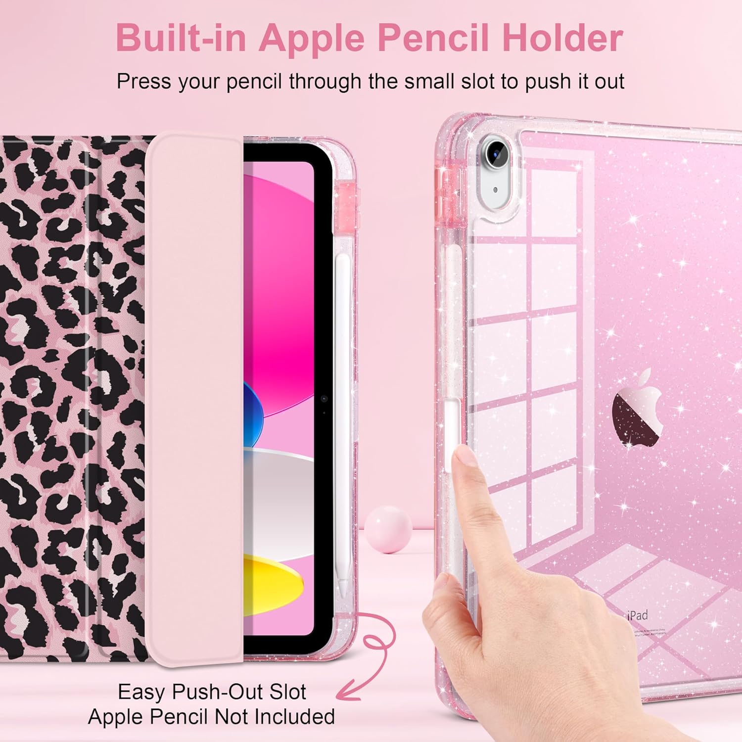 TWOLSKOO Sparkly Case for iPad Pro 11 inch (M5 2025 / M4 2024), Glitter Hard Acrylic Back with Pencil Holder, Slim Trifold Stand Folio Cover, Auto Sleep/Wake, Pink Leopard