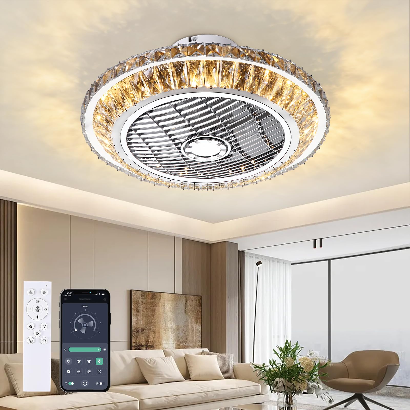 Crystal Ventilatori Da Soffitto Con Lampada 72W LED Fan Plafoniera Invisibile 3 Velocità Con Telecomando Dimmerabile Decorazione D'interni Illuminazione Camera Da Letto Ristorante Fan Lampadario(A)