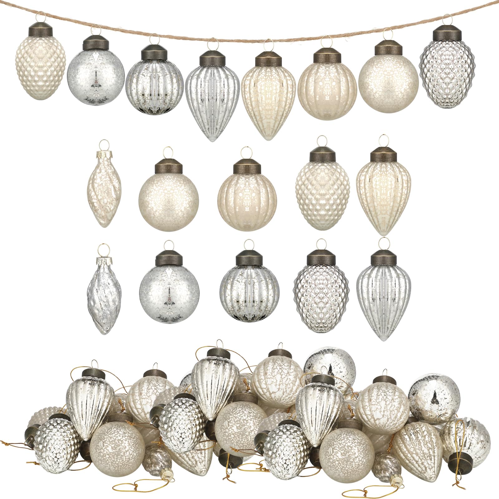Sliner 30 Pcs Christmas Mercury Glass Ball Ornament Garlands with Fabric String Embossed Mercury Glass Ornament Xmas Vintage Bulb Garland for Home Wall Party Decoration(Silver)