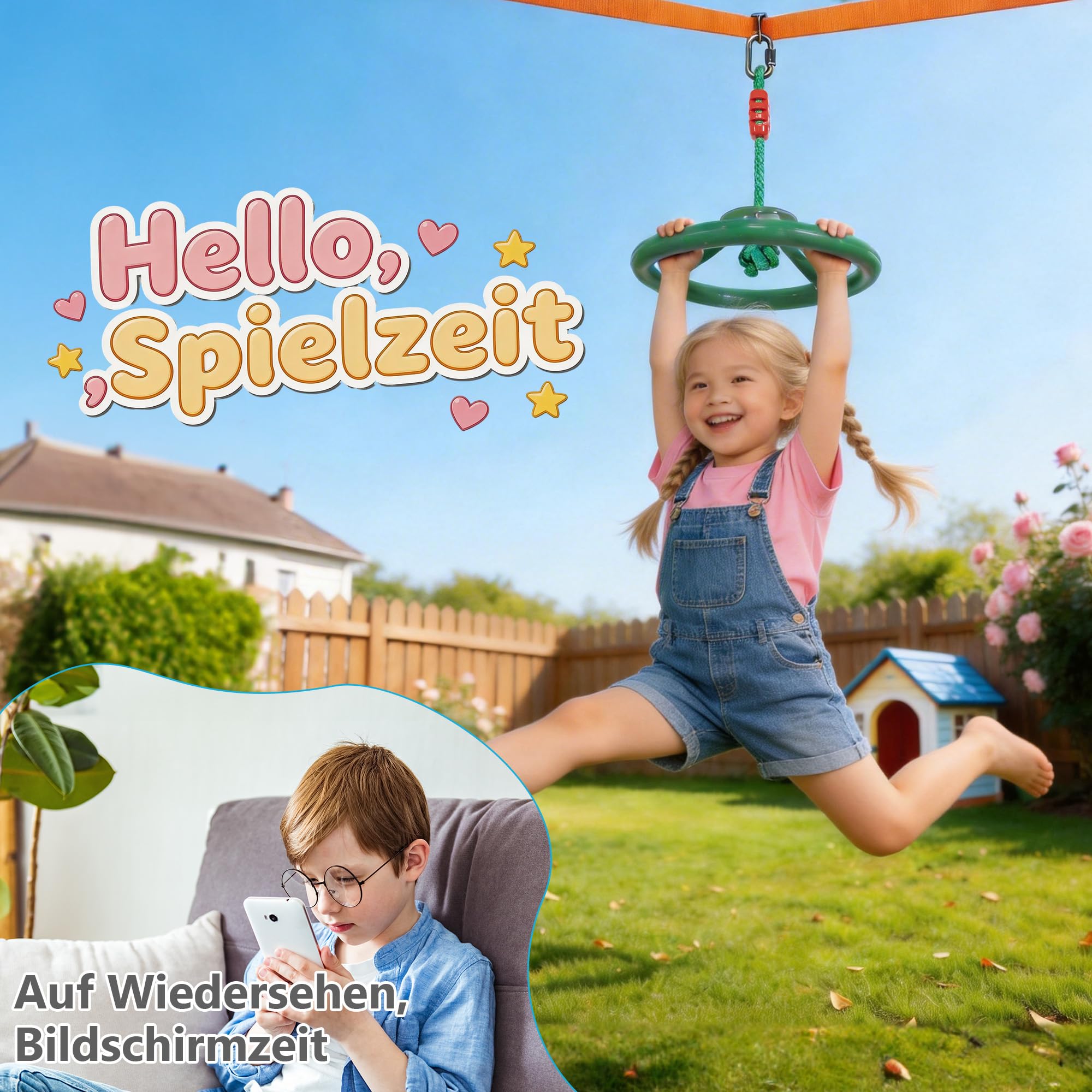 Ninja Warrior Slackline Set für Kinder, Ninja Line Kinder, Slackline 15M Hindernisse Set, Turnringe Schaukel Kletterleiter Zubehör Erweiterbar Warrior Parcours Outdoor, Geeignet für Anfänger