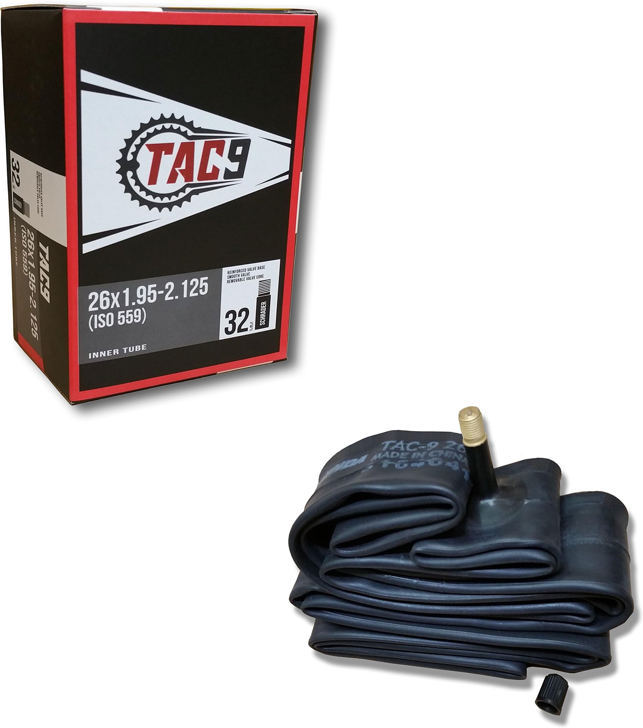 TAC 9 Bicycle Inner Tube, 26 x 1.95-2.125, Regular Schrader Valve 32mm - Bundle Options Available w/Rim Strips and Tire Levers