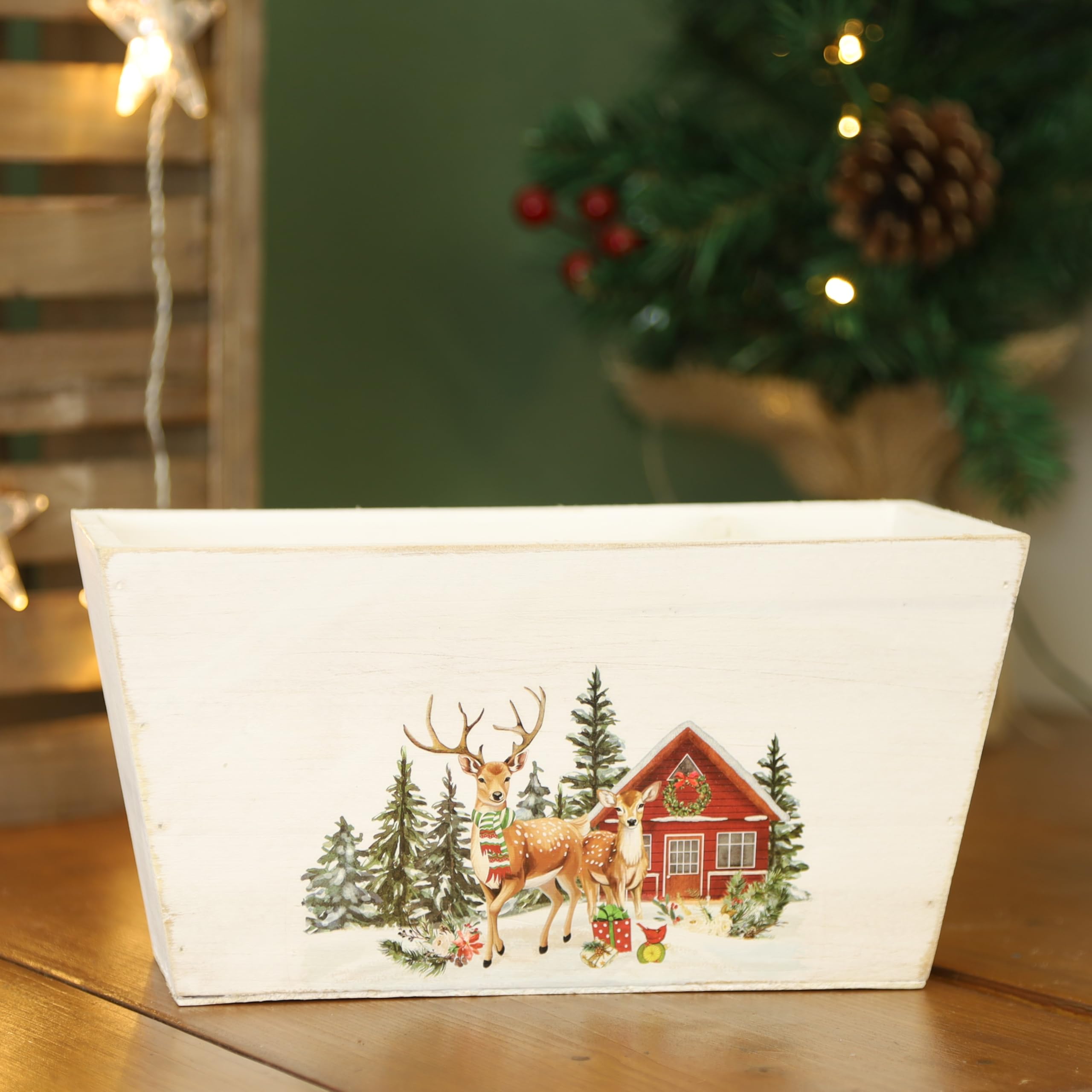 Fyne-Finds Wooden Trough Christmas Trees Deers Home Jungle Scene Plant Pot 25Cm,10Inch Xmas Festive Planter Gift (1)