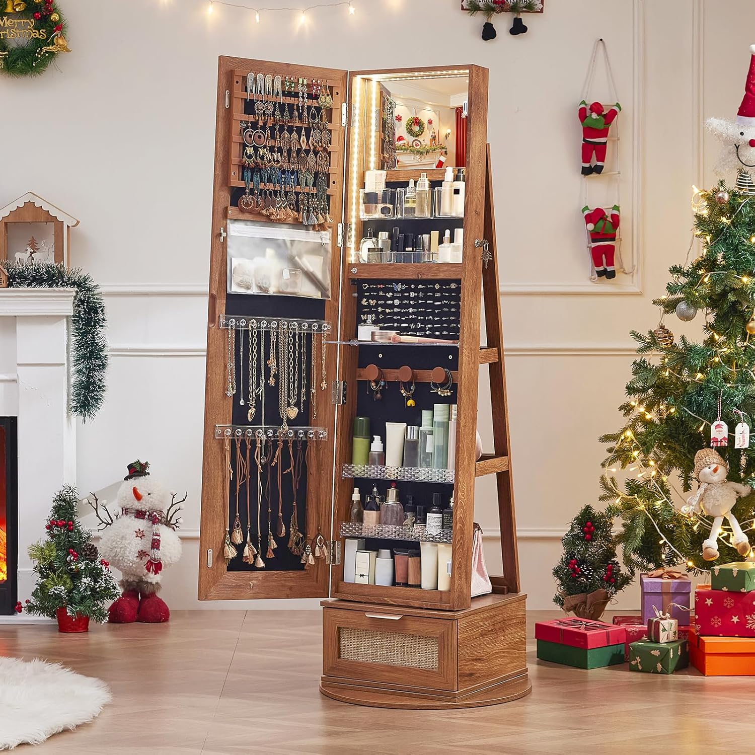 Rattan 360° Swivel Jewelry Armoire Cabinet Standing with Full Length Mirror, Lockable Jewelry Organizers and Drawer Storage with 3 Color LED Lights & Interior Mirror Rear Storage Shelves - Image 7