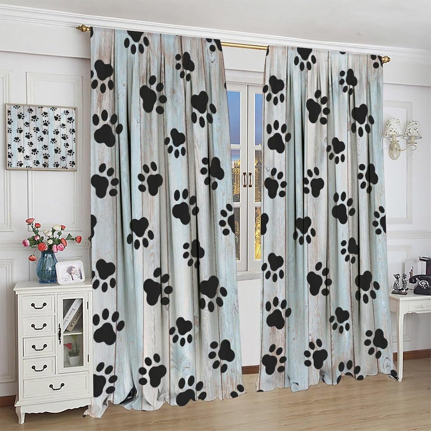 Dog Paws Curtains Farm Wooden Board Black Paws Pattern for Kids Room Decoration Blackout Print Rod Pocket Window Drapes for Bedroom Living Room 42x54in