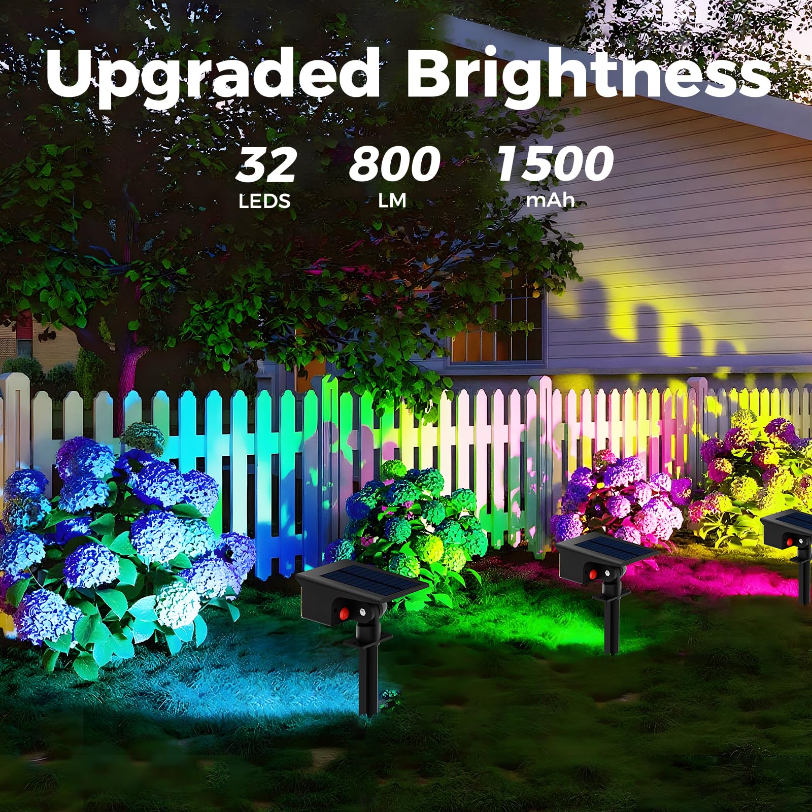 kolpop 4Stück RGB Solar Strahler, 7 Modes, 2-in-1, IP65 Wasserdicht, 800LM Bunt Außenleuchte, Dusk to Dawn Solarleuchten Gartenleuchten für Bäume, Outdoor Pflanzen, Hof
