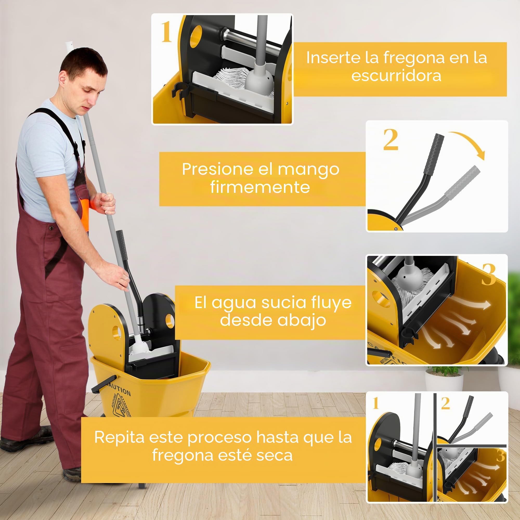 HOMCOM Carro de Limpieza de 26 l, Cubo con Prensa y fregona para Uso doméstico y Comercial