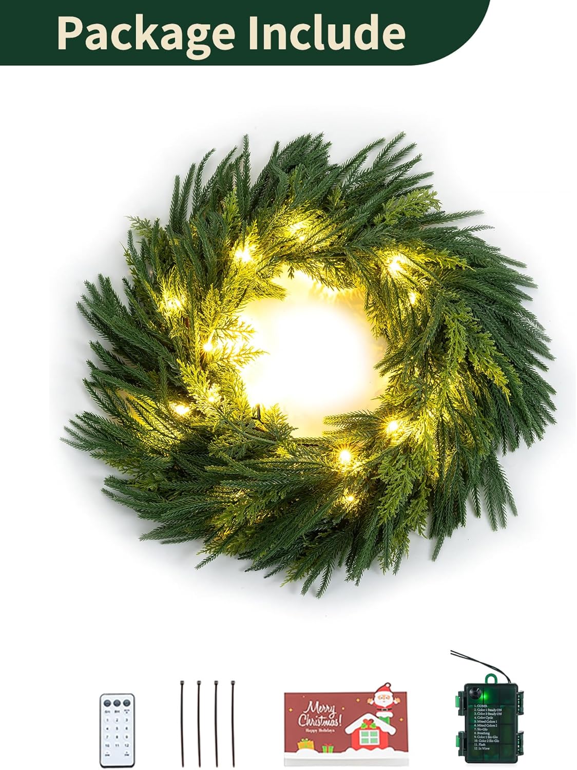 NUPTIO Christmas Norfolk Pine Garland: 6Ft Artificial Pre-Lit Cedar Garland for Mantle Fireplace Table Stair - Real Touch Greenery Decorations 30 LED Lights 12-Mode with Remote Timer for Door Wall