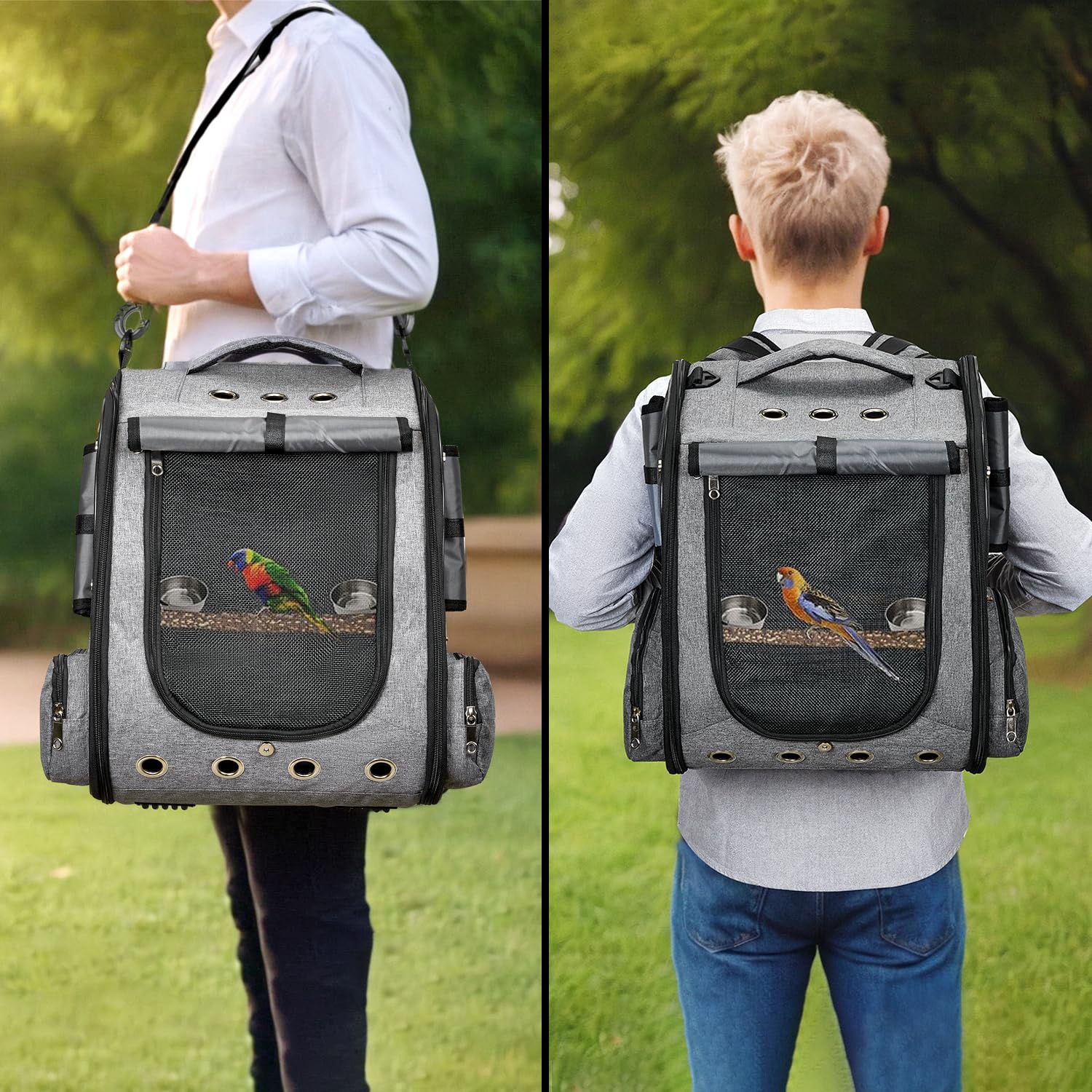 Bird Cage Backpack with Sunshade for Parakeets Cockatiels, Bird Travel Bag with Stand for Easy Cleaning, Transparent Breathable Travel Cage for Pets (Grey)