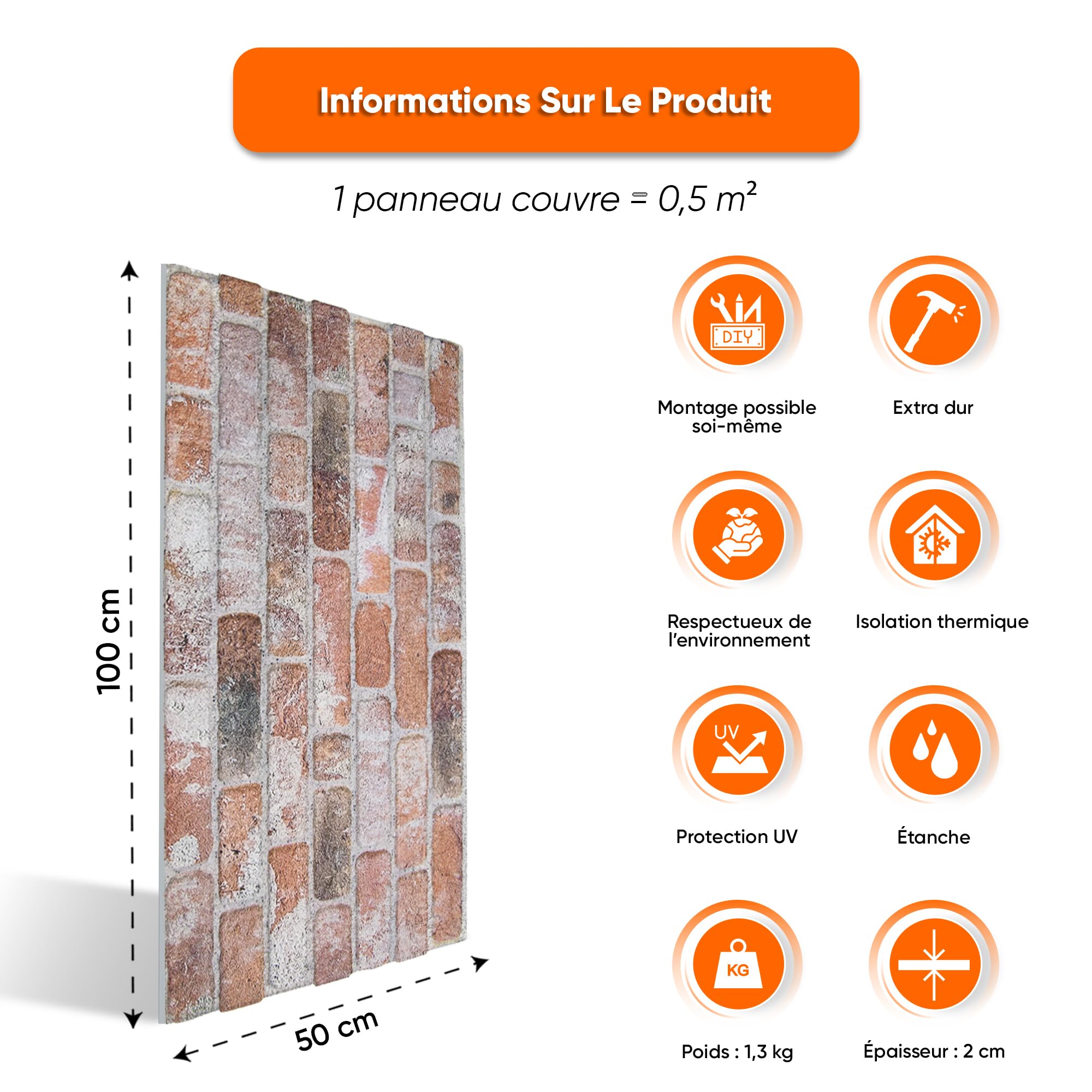 IZODEKOR Revêtement mural aspect pierre 100x50x2 cm panneau mural effet 3D 10 pièces