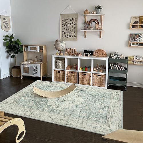 Miniatura 5 de LIVEBOX Alfombra lavable de 5 x 7 pies, alfombra vintage bohemia para sala de estar, alfombra antideslizante para dormitorio, alfombra de pelo bajo,