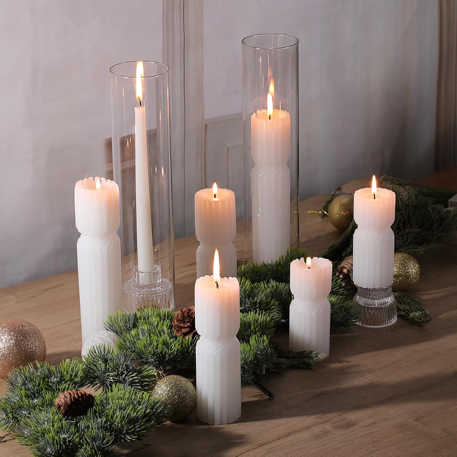 LETINE Ribbed Pillar Candles Set of 3 - White Unscented Soy Wax Spiral Spire Candles for Home Decor, Bulk Candles for Entryway Table, Living Room, Shelf & Coffee Table Decor Aesthetic