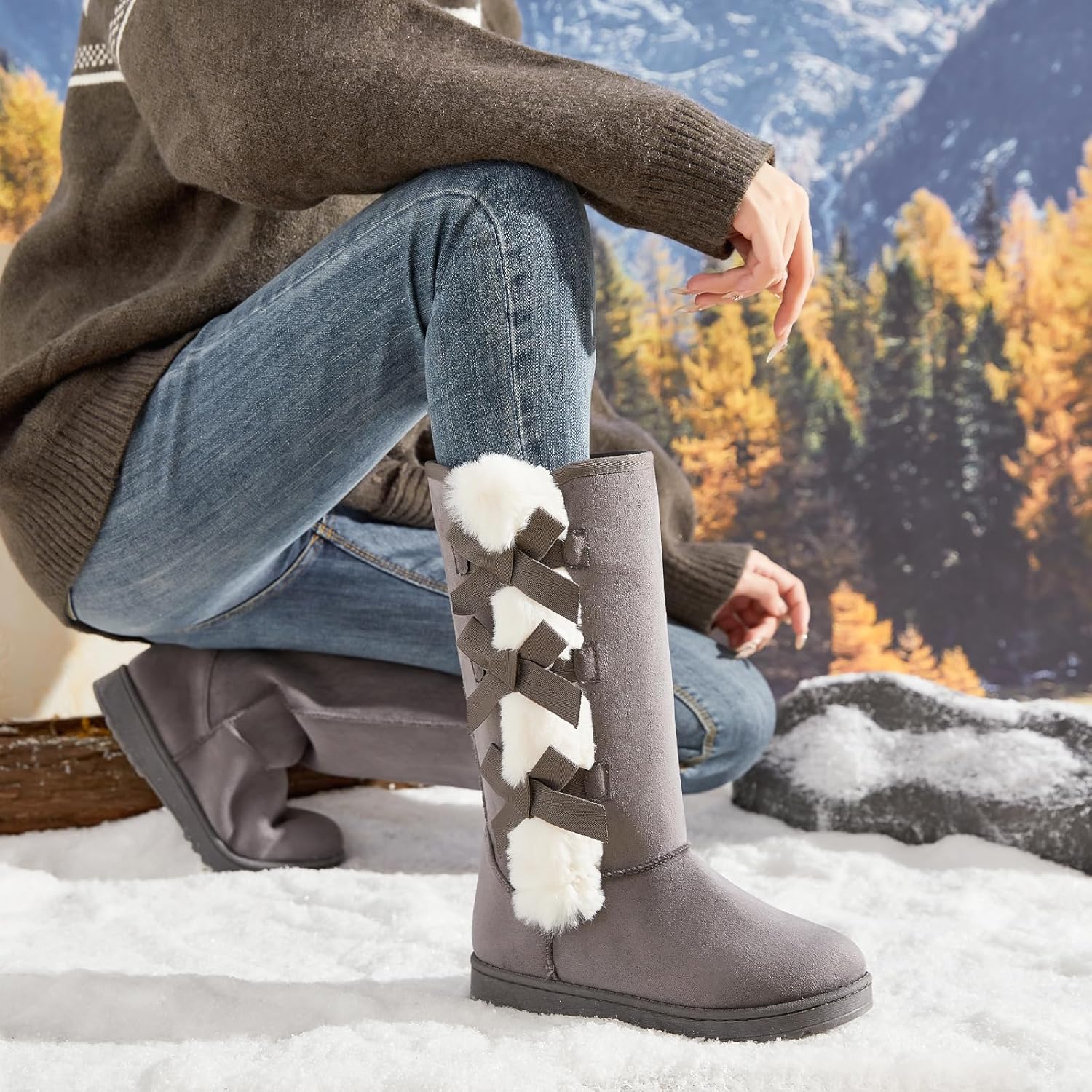 Iarus Winter Snow Boots for Women Warm Mid Calf Boots Comfortable Fuzzy Ladies Booties Classic Bow Tie Outdoors - Image 7