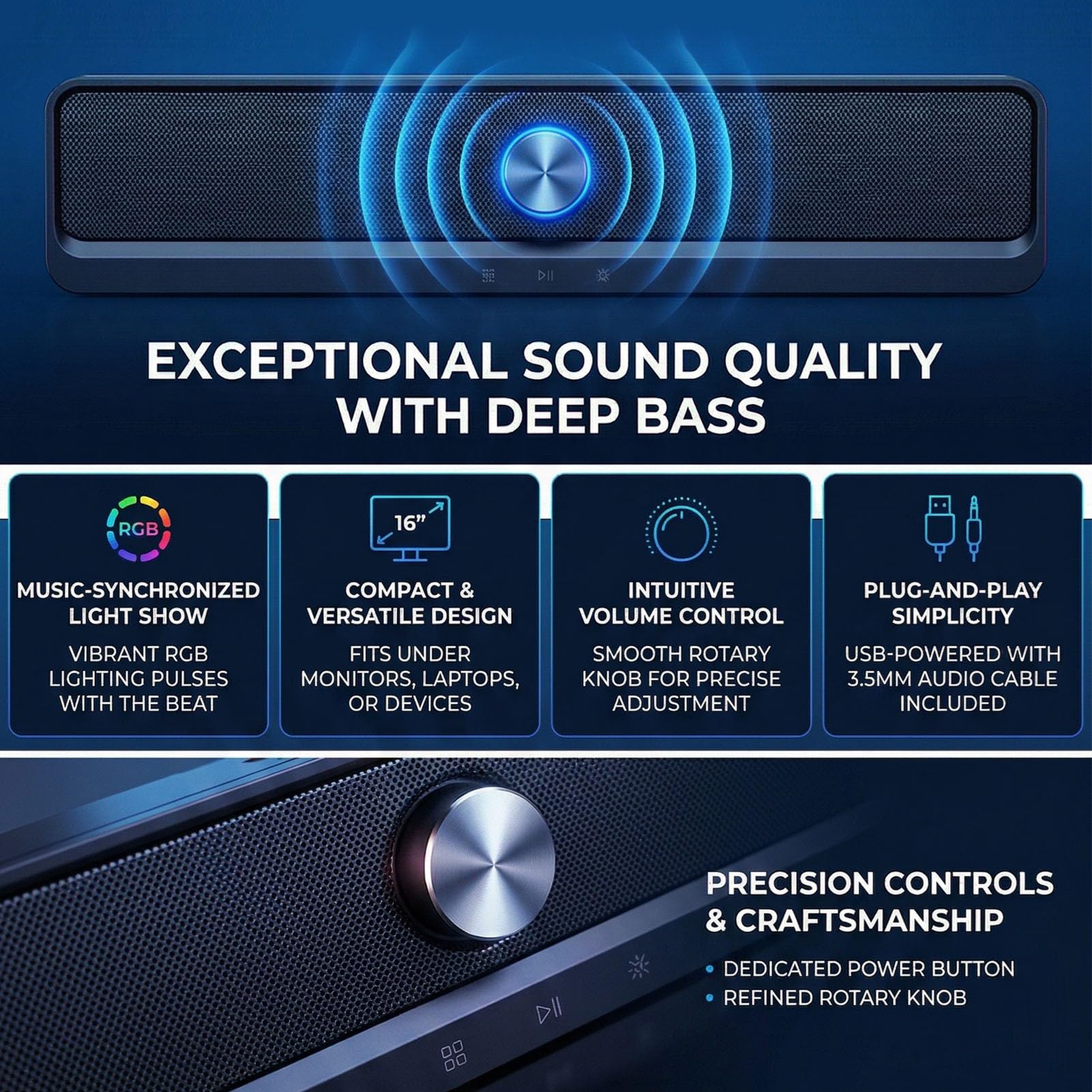 Cocoarm Altoparlante per Computer ABS Bluetooth 6.0 Altoparlante per PC con Luce RGB Alimentato Tramite USB 3,5 Mm AUX 2.0 Soundbar da 16 Pollici per Desktop Laptop Giochi Musica Home Office