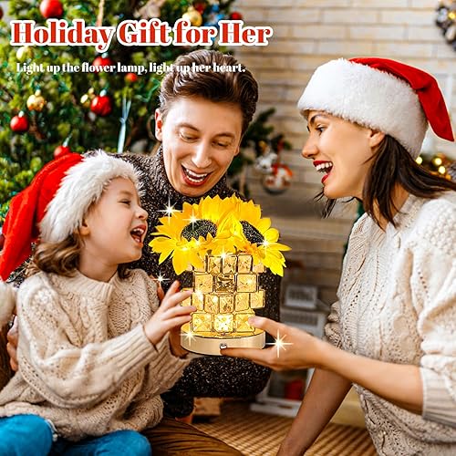 Miniatura 6 de Wekity Lámpara de mesa de cristal de girasol, luz nocturna de atenuación táctil, lámpara de escritorio recargable por USB, lámpara LED de flores