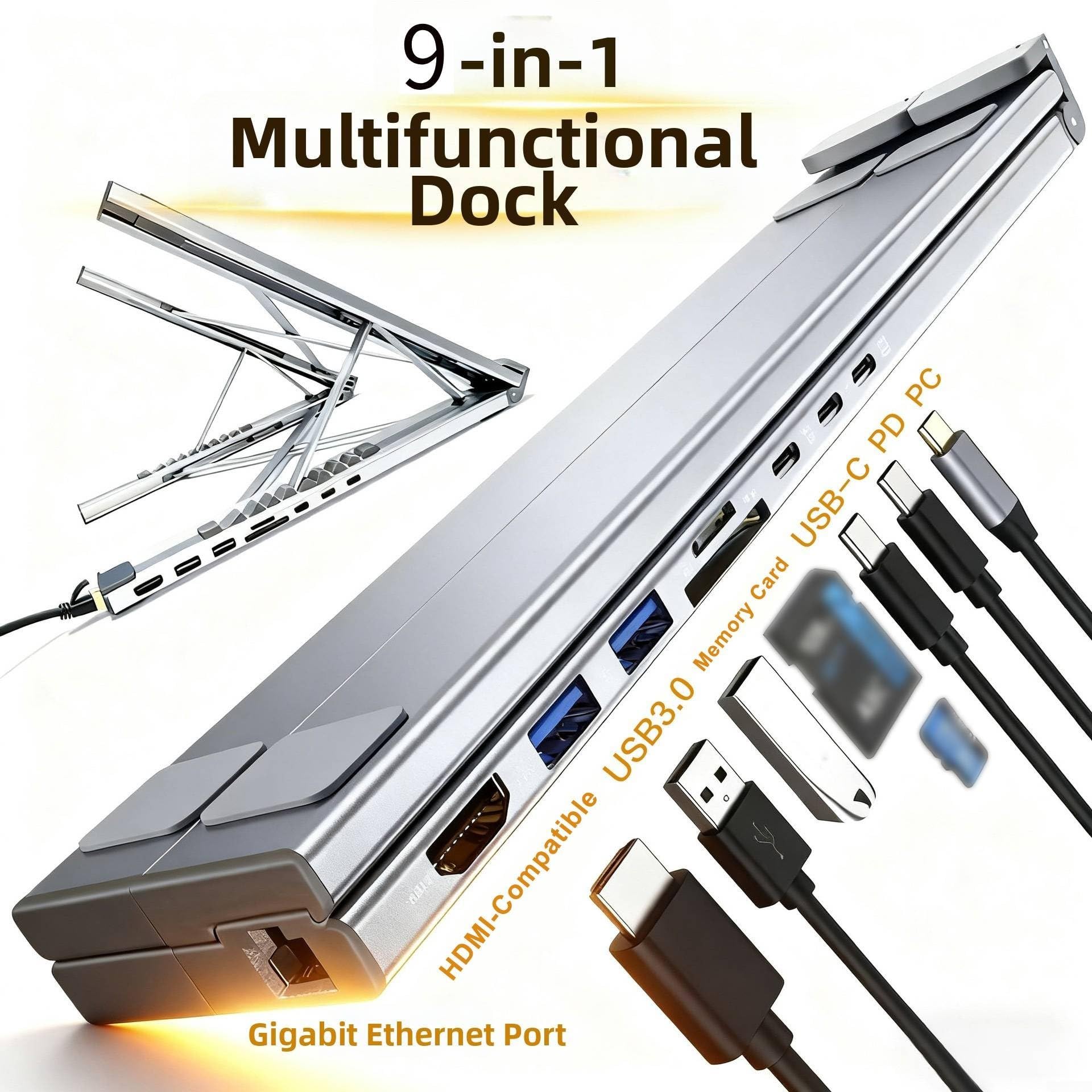 Hub USB C 9 in 1, docking station per laptop, compatibile con HDMI, USB 3.0, porta Ethernet, da viaggio portatile per professionisti e studenti