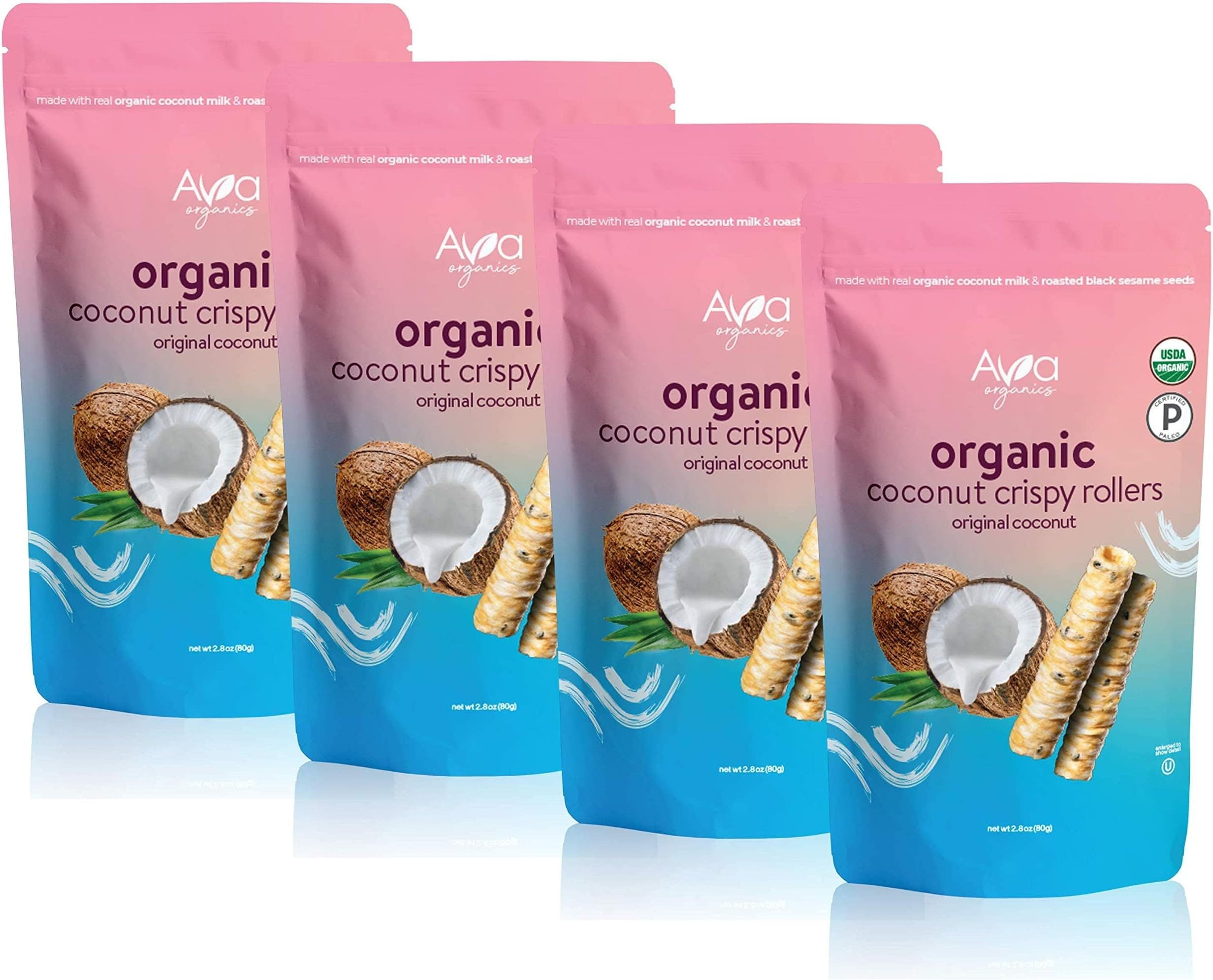 Ava Organics - Coconut Crispy Rollers, Healthy Snack Rolls for Adults and Kids, Kosher, Gluten Free, Certified Paleo - Original Coconut (Pack of 4-2.82 oz bags)