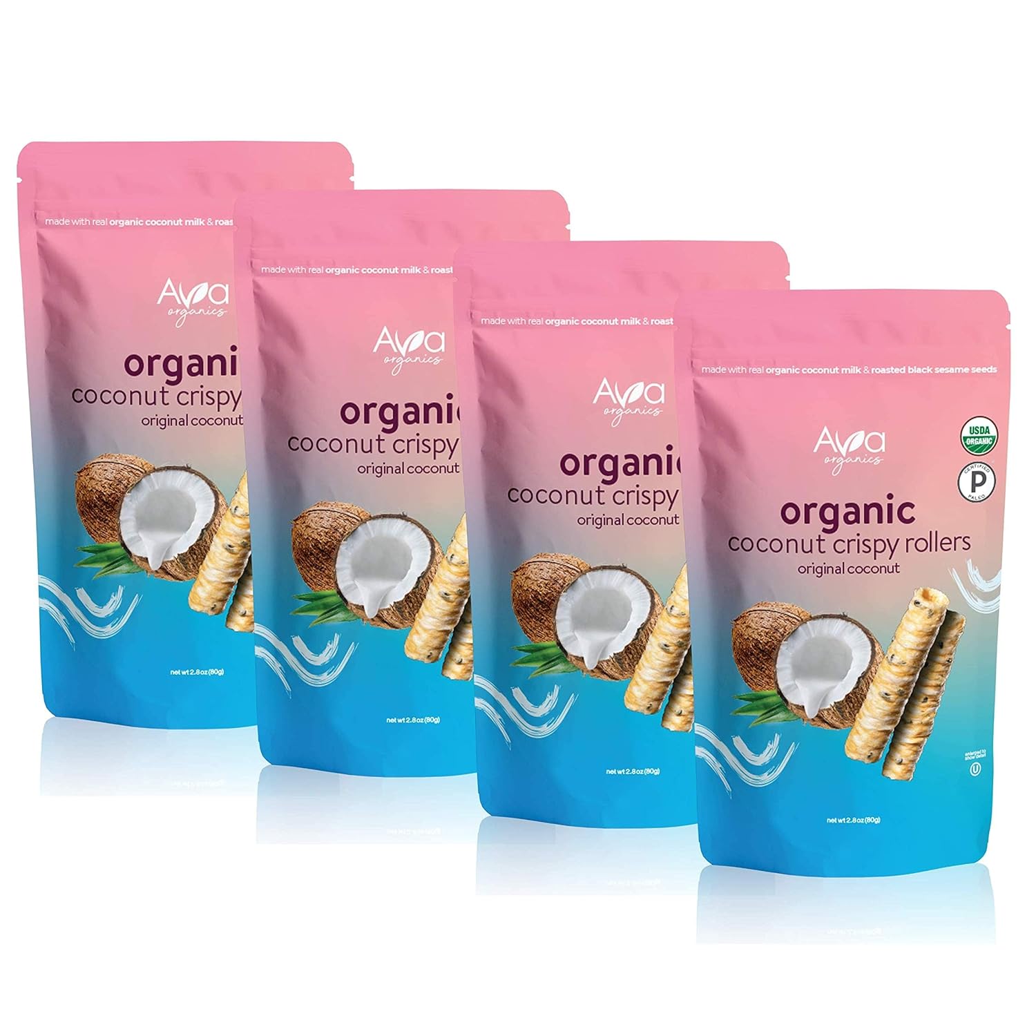 Ava Organics - Coconut Crispy Rollers, Healthy Snack Rolls for Adults and Kids, Kosher, Gluten Free, Certified Paleo - Original Coconut (Pack of 4-2.82 oz bags)