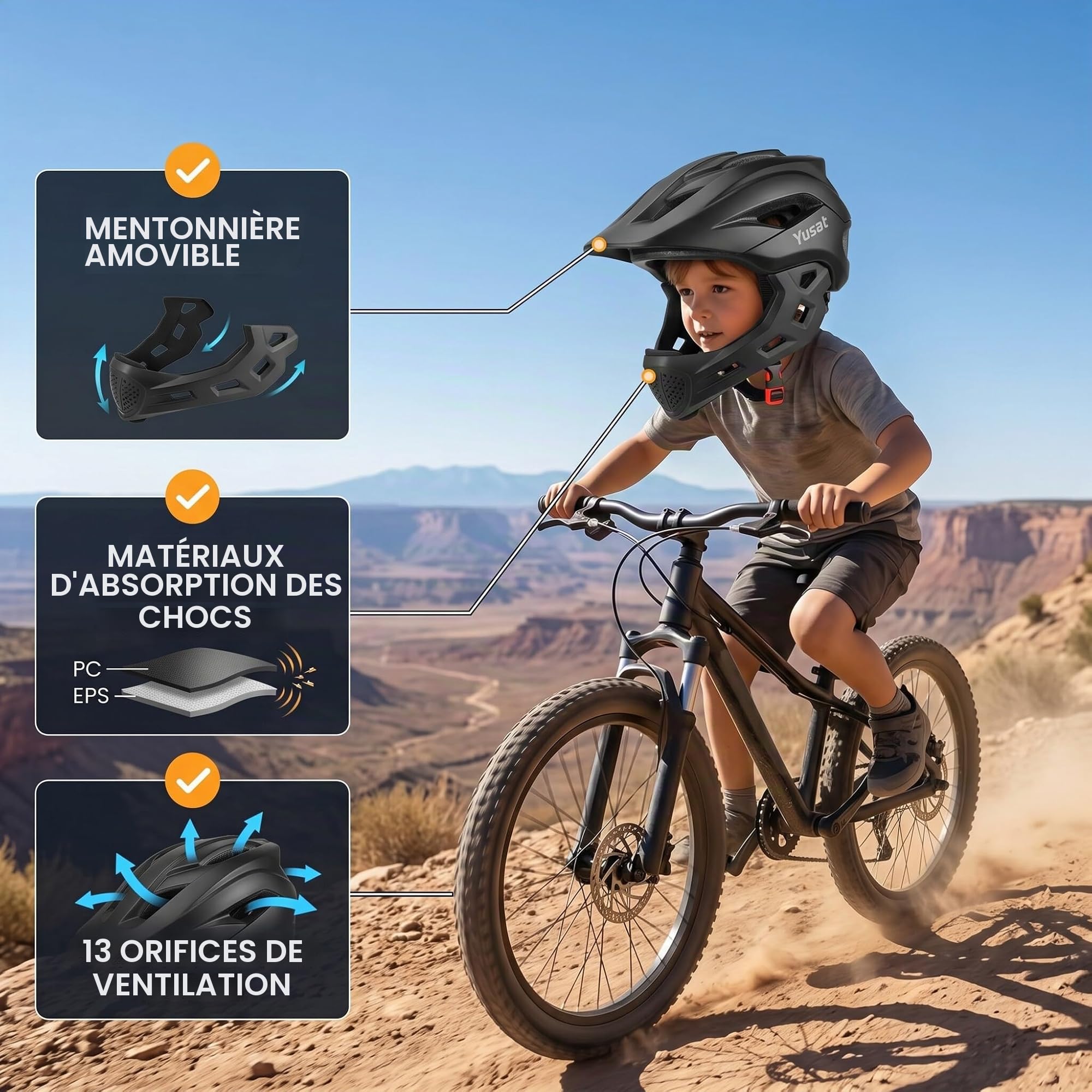 Casque intégral pour enfants, protège-menton amovible, casque de vélo pour enfants, casque de planche à roulettes, équipement de protection pour le cyclisme, le skateboard, le patinage à roulettes