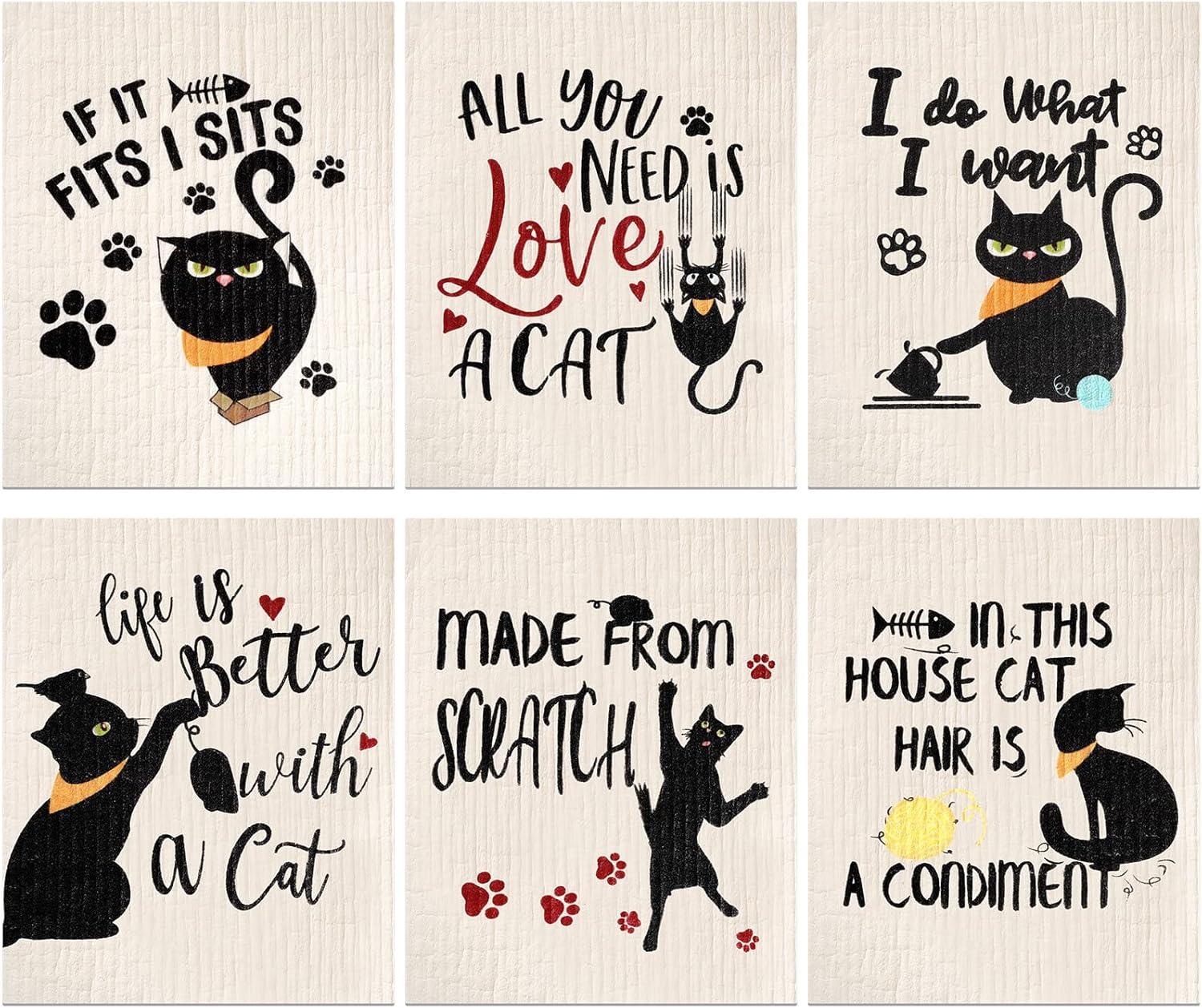 Hoolerry 6 Pcs Funny Black Cat Swedish Kitchen Dishcloths, Reusable Sponge Swedish Cleaning Cloths Washable Dish Cloths Absorbent Christmas Decorative Kitchen Towels Housewarming Gift for Bathroom