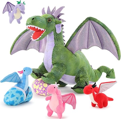 Vista 33 de MaoGoLan - Animal de peluche de dragón, juego de 7 piezas, mamá dragón con 4 dragones bebés y 2 huevos, para niñas, niños y bebés, regalo