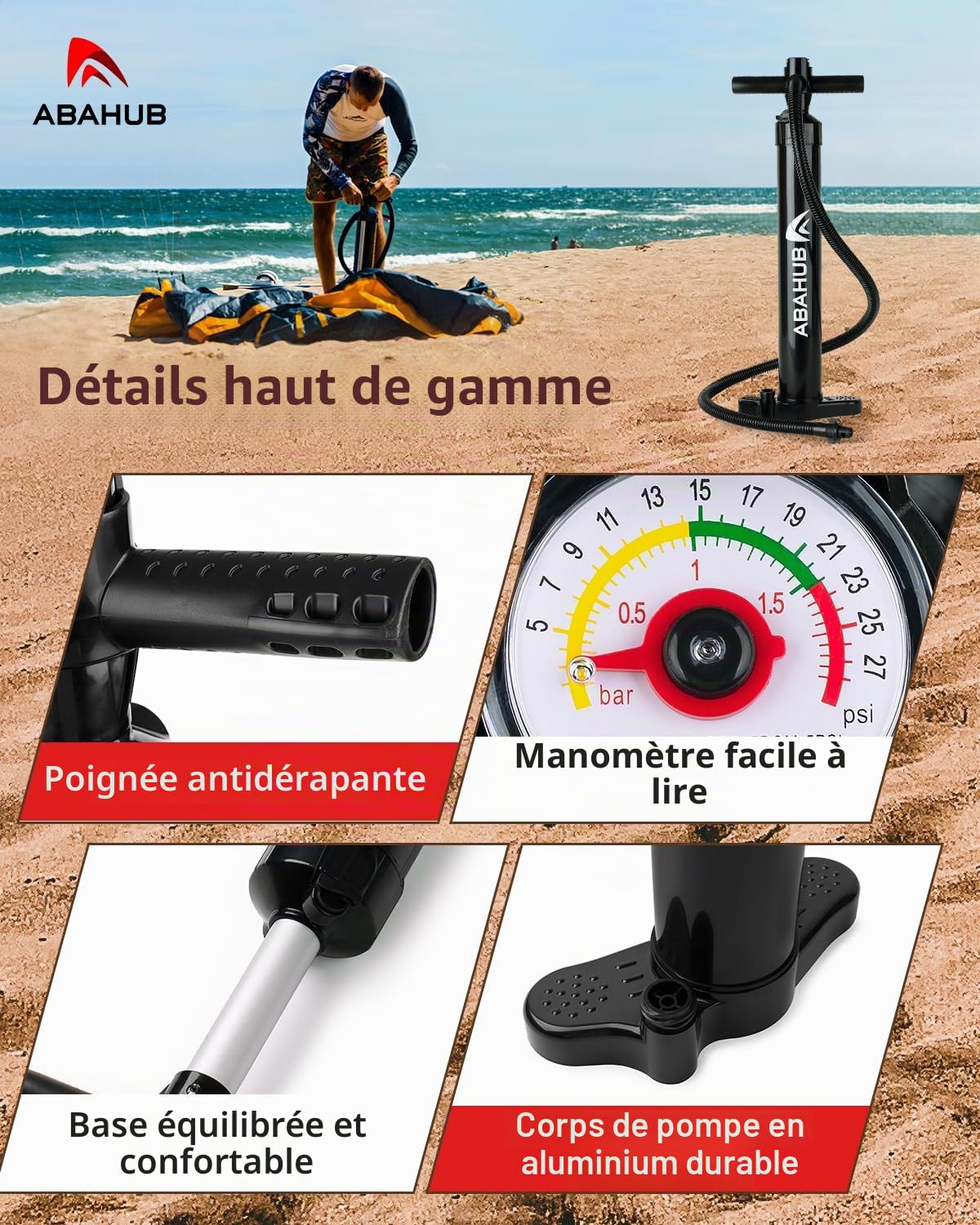 Abahub Sup Pompe à Main Double Course Pompe à Air de Surf pour Le Gonflage pour Planche à Pagaie Planche de Sup Board-Pompe Haute Pression à Double Action avec Manomètre