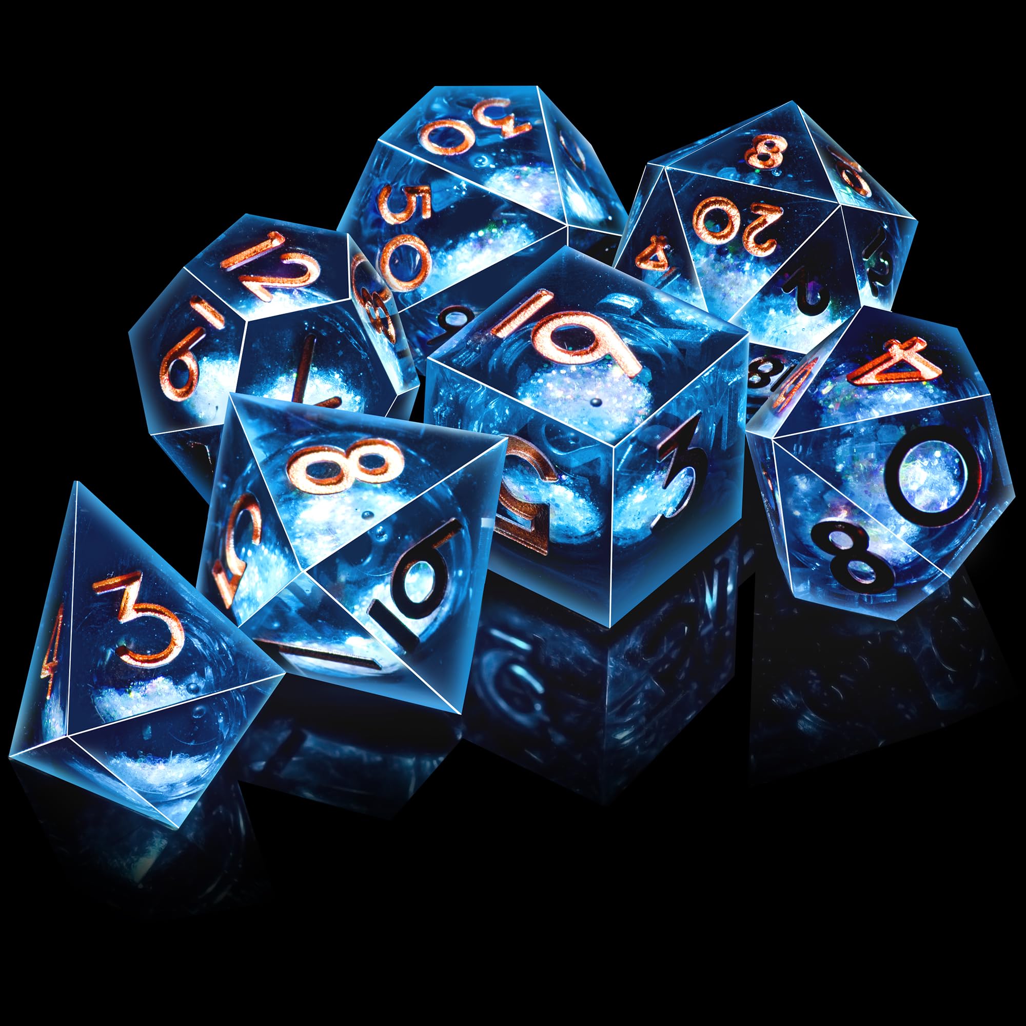 SIQUK 7 Piezas Dados Nucleo Liquido Juego Dados Poliedricos D4 D6 D8 D10 D12 D20 D% DND Dice para RPG MTG Dungeons and Dragons, Azul & Negro, Dorado - 4