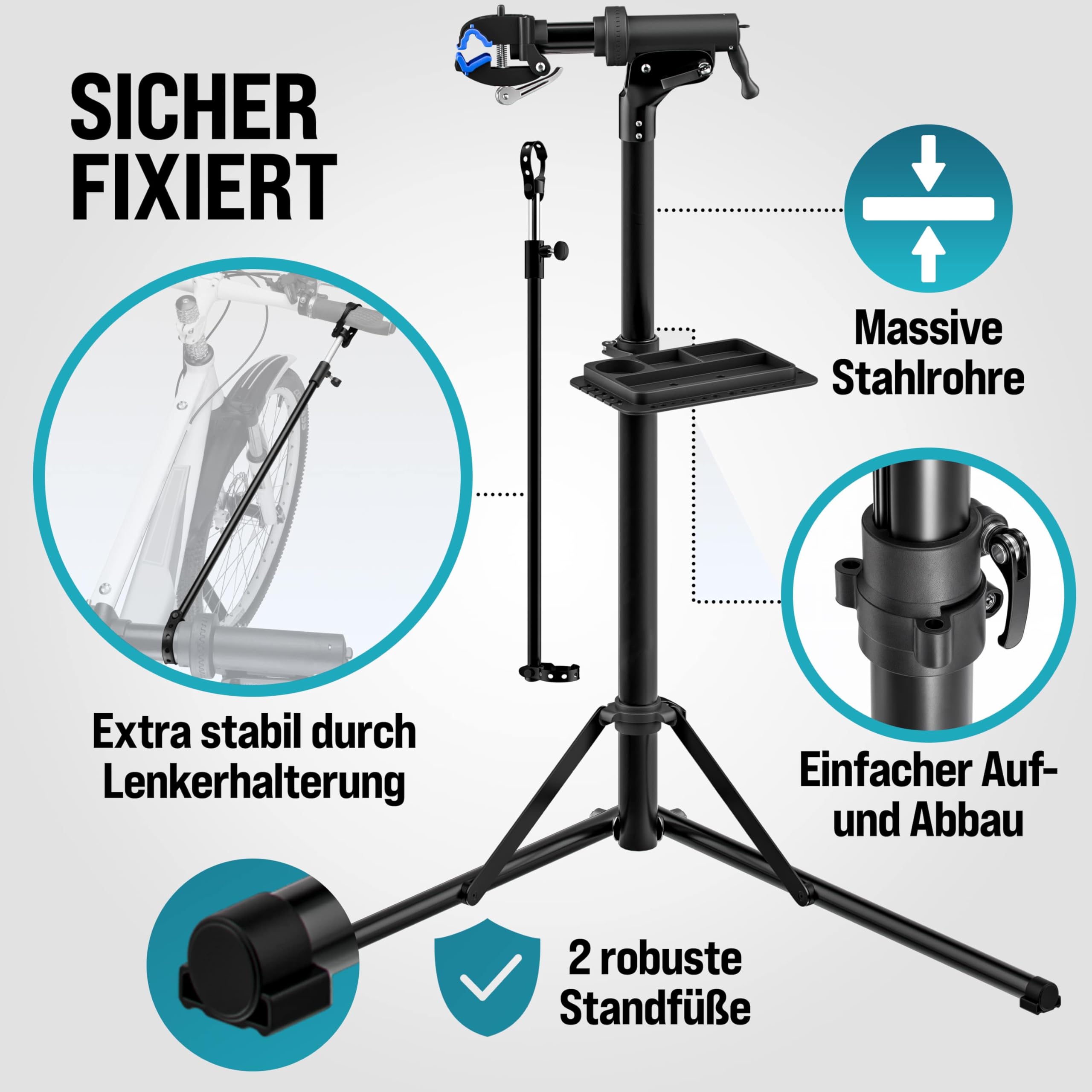 MONZANA® Fahrradmontageständer 50 kg mit Drehmomentschlüssel 1/4 Zoll Set Profi E-Bike klappbar Tragetasche Reifenheber 1-25 Nm Bitset Transportbox