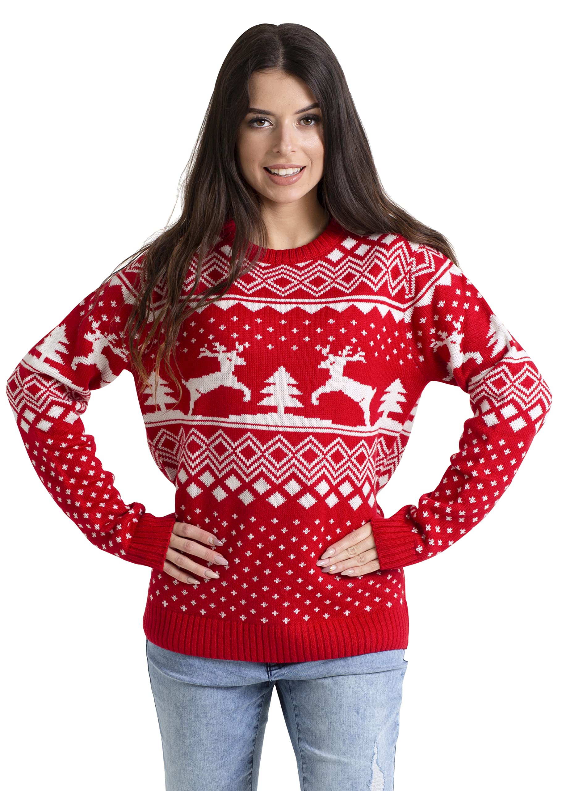 Women Christmas Sweater Ugly Relaxed Casual Ladies Xmas Crew Neck Long Sleeve Pullover Tree & Reindeer Jumper S-XXL