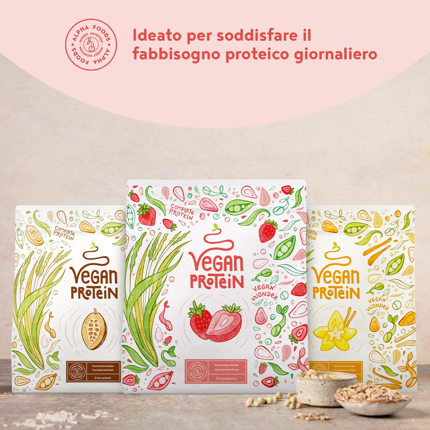 Proteine in Polvere Vegane | Gusto Fragola | 18g Proteine Vegetali Isolate di Pisello, Riso e Girasole | Massa Muscolare | 600g Vegan Protein Powder | Alpha Foods