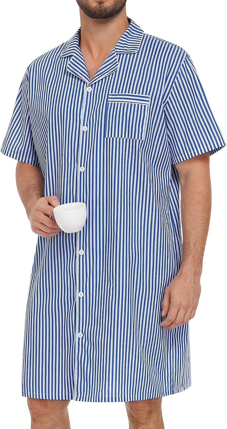 SWOMOG Men's Nightshirt Button Down 100% Cotton Nightgown Short Sleeve Soft Sleepwear Nightwear Comfy Sleep Shirt S-XXL