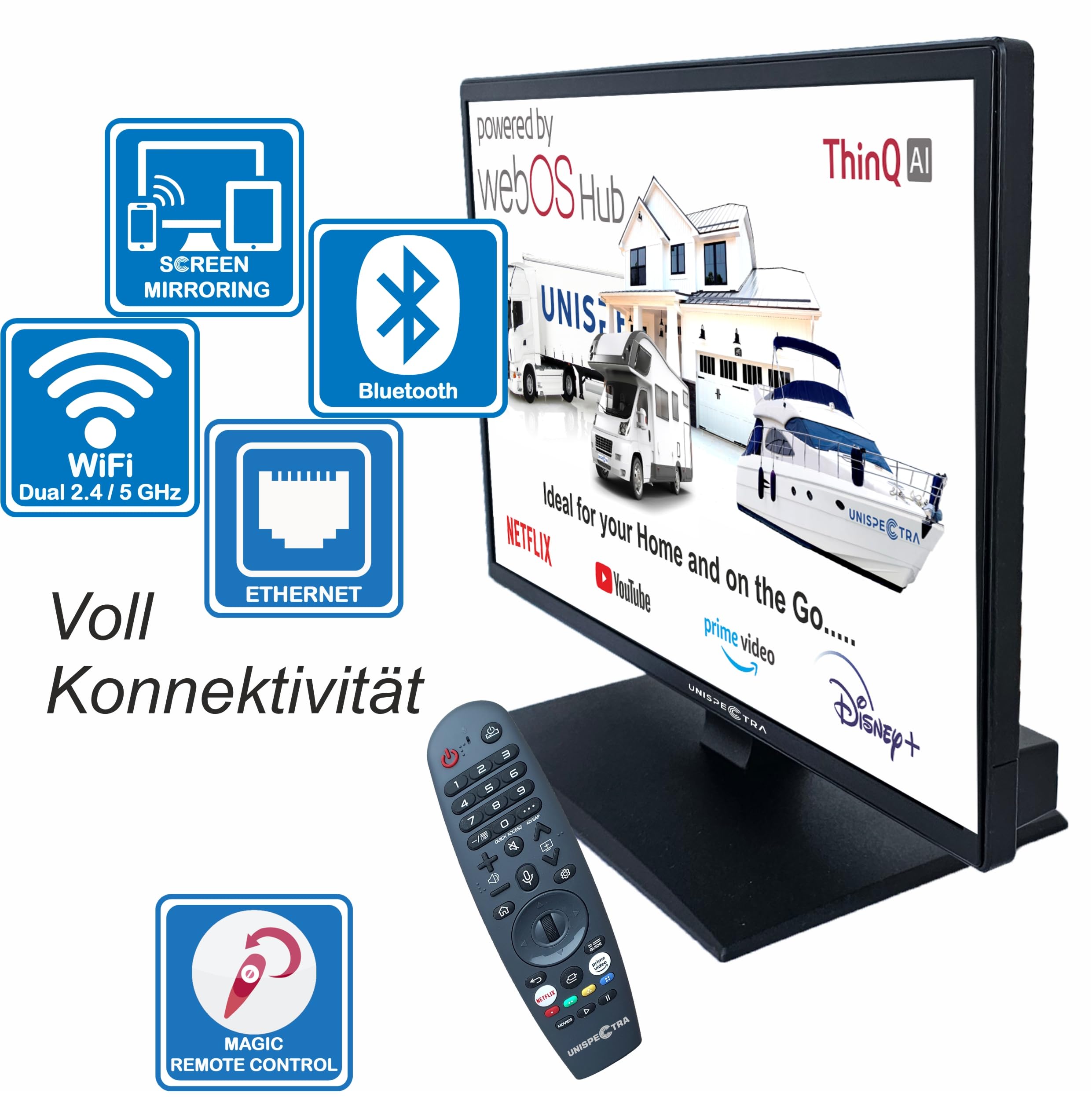 Unispectra ® 22“ Smart TV (webOS) mit Magic-Fernbedienung Full HD 230V 24V Triple Tuner: Satellit, Antenne, Kabel TV. 12V Fernseher für Wohnmobile, Wohnwagen, LKWs, Boote