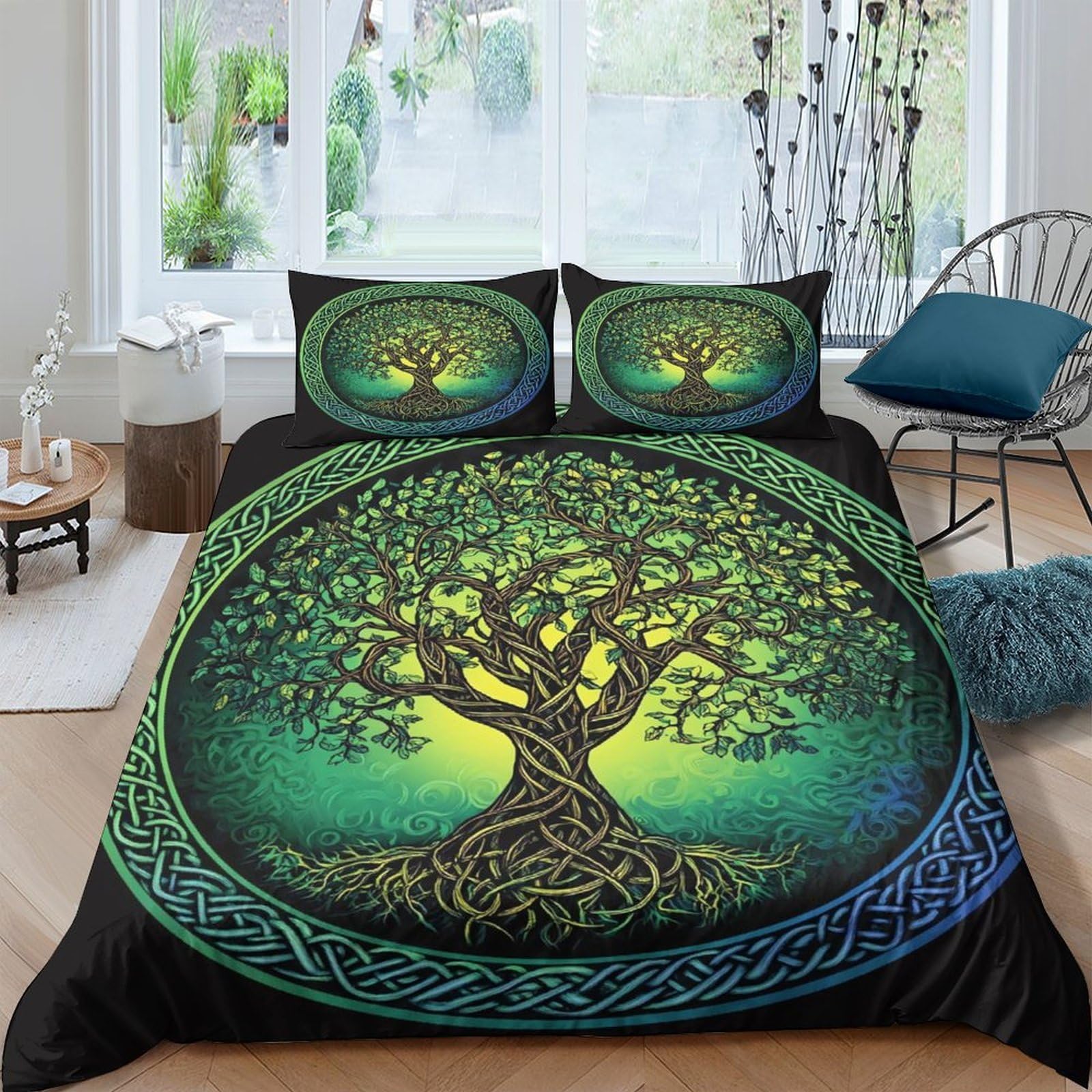 Ctjqhvkz Style-3 3D Printed Tree Of Life Fitted Sheet Microfiber Soft Green Gradient Celtic Knot Mattress Cover For Bedroom Dorm Room Decor Single（135X200cm）