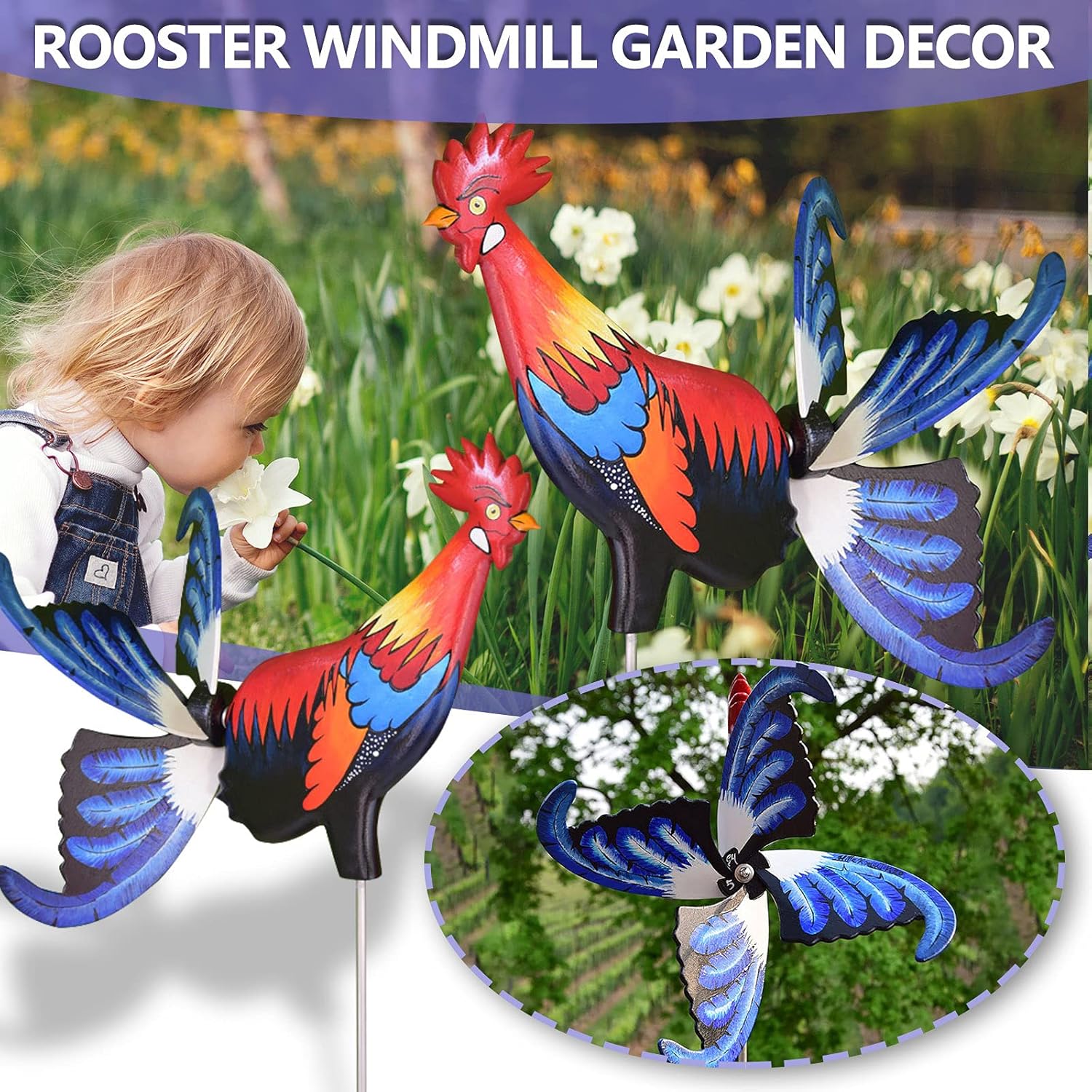 Rooster Windmill Garden Statues Decorations Rooster Wind Spinner Sculpture Decor Outdoor Lifelike Animals Statues Rooster Windmill Garden Decor for Courtyard Farm Rooster Windmill 25 cm