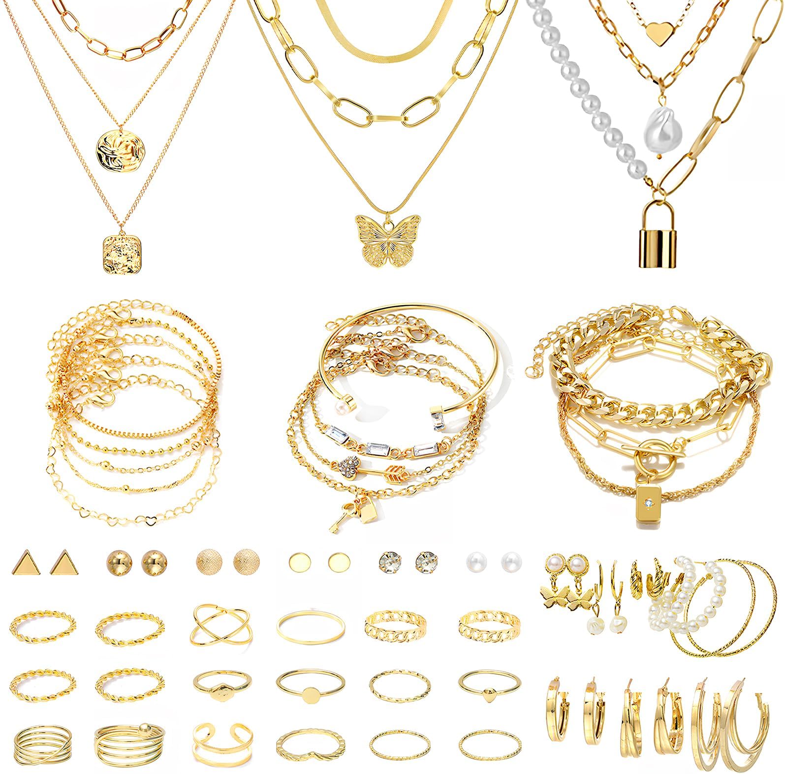 73 Pieces Gold Jewelry Set Gold Necklace Bracelet Ring Gold Earrings