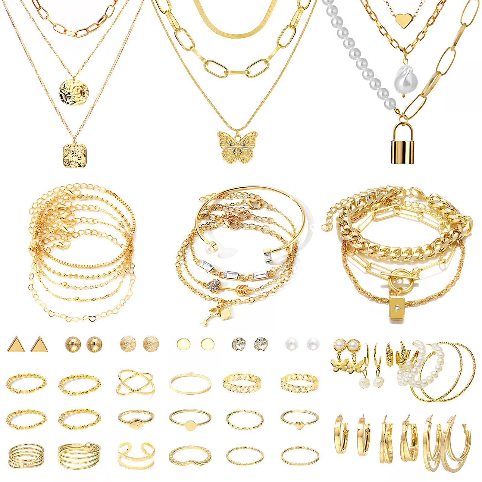 93 Pieces Gold Jewelry Set for Women Fashion Costume Jewelry Gold Plated Ear Cuffs Necklaces Bracelets Rings Earrings Set for Women