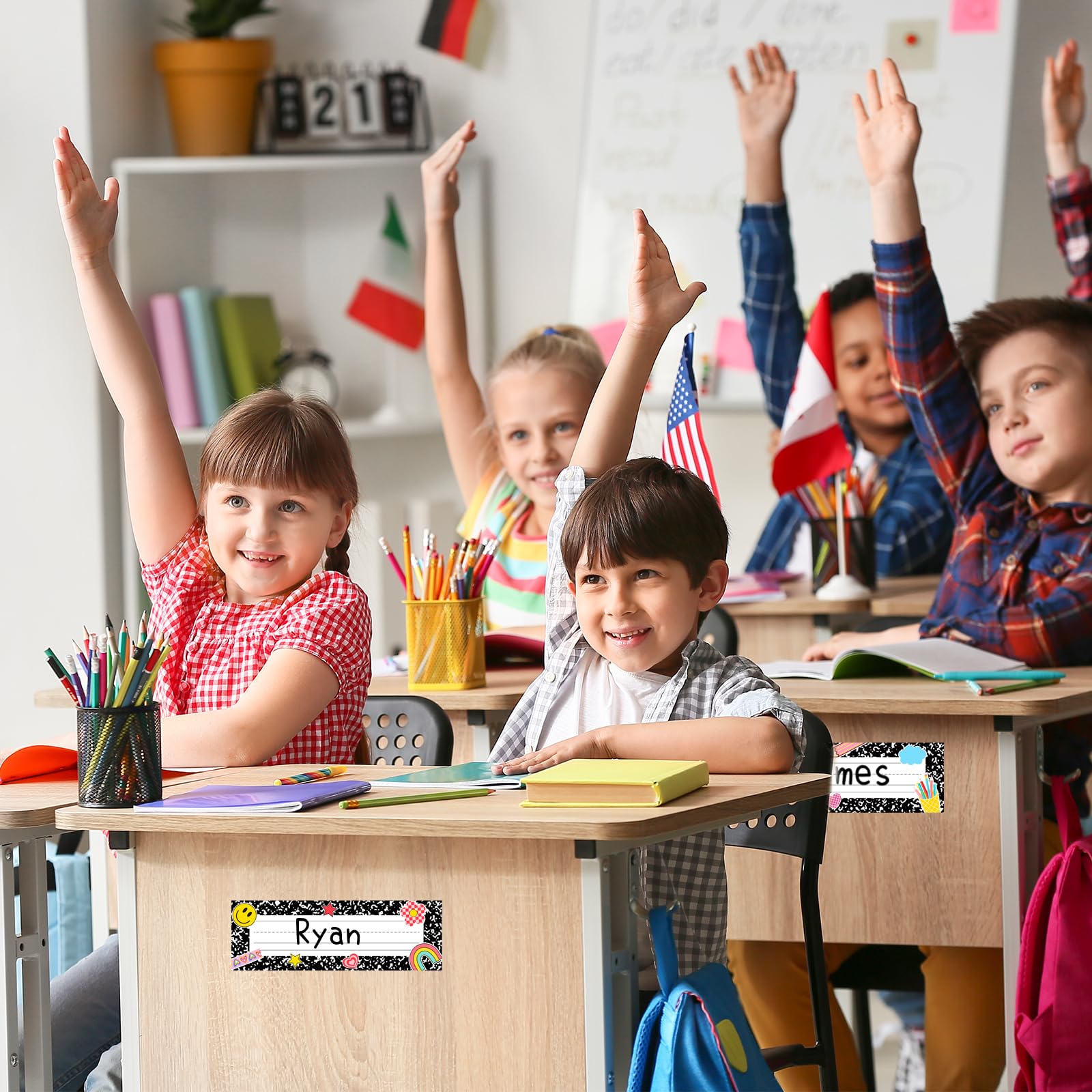 JarThenaAMCS Groovy Namensschilder, Boho, Hippie, Namensschild, Aufkleber für Schreibtisch, Klassenzimmer, Grundschule, Kindergarten, Vorschule, Lehrbedarf, 48 Stück