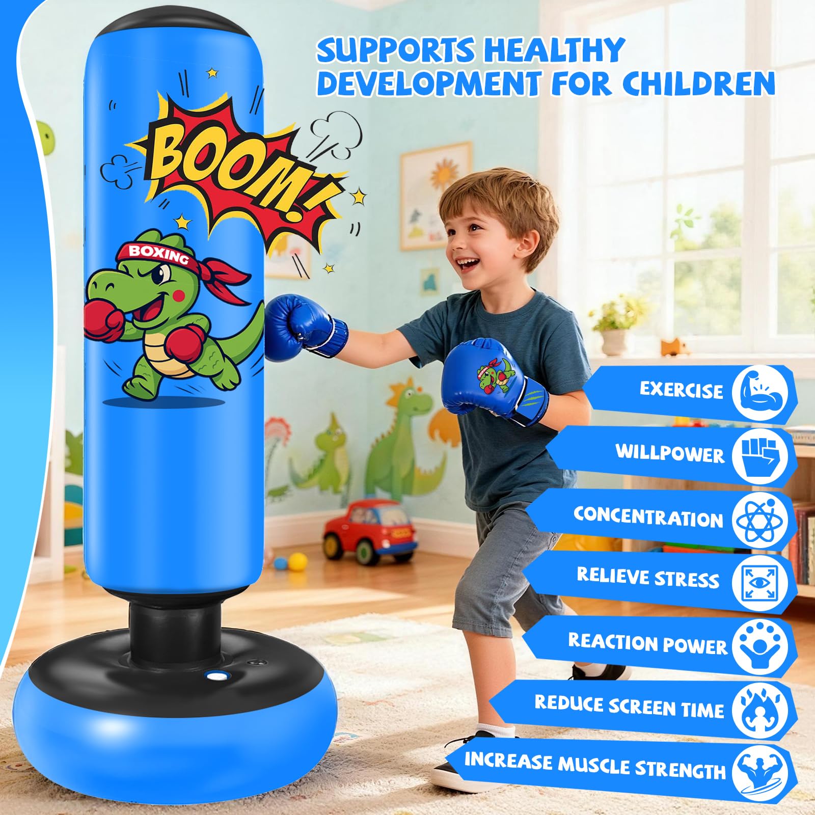 Saco de Boxeo Niños Ninonly 130cm Saco Boxeo Niños con Guantes y Bomba de Aire para Practicar Karate y Taekwondo Idea de Regalo para Niños y Niñas
