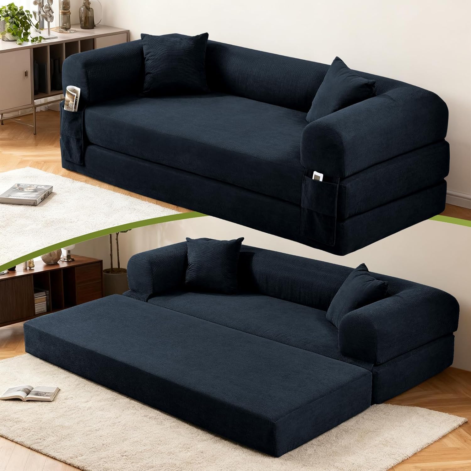 80 Inch Convertible Sofa Bed,Folding Pull Out Couch with Pillows & Storage Pocket,Corduroy Queen Sleeper Sofa in a Box,No Assembly Boneless Couch for Living Room,Deep Blue