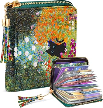 Bistup 40 Slots Credit Card Holder for Women Cute Girls RFID Blocking Card Organizer Leather Cardholder Protector for Lady Female Large Capacity Size Big Zipper Wallet Kawaii Cat Flower Aesthetic