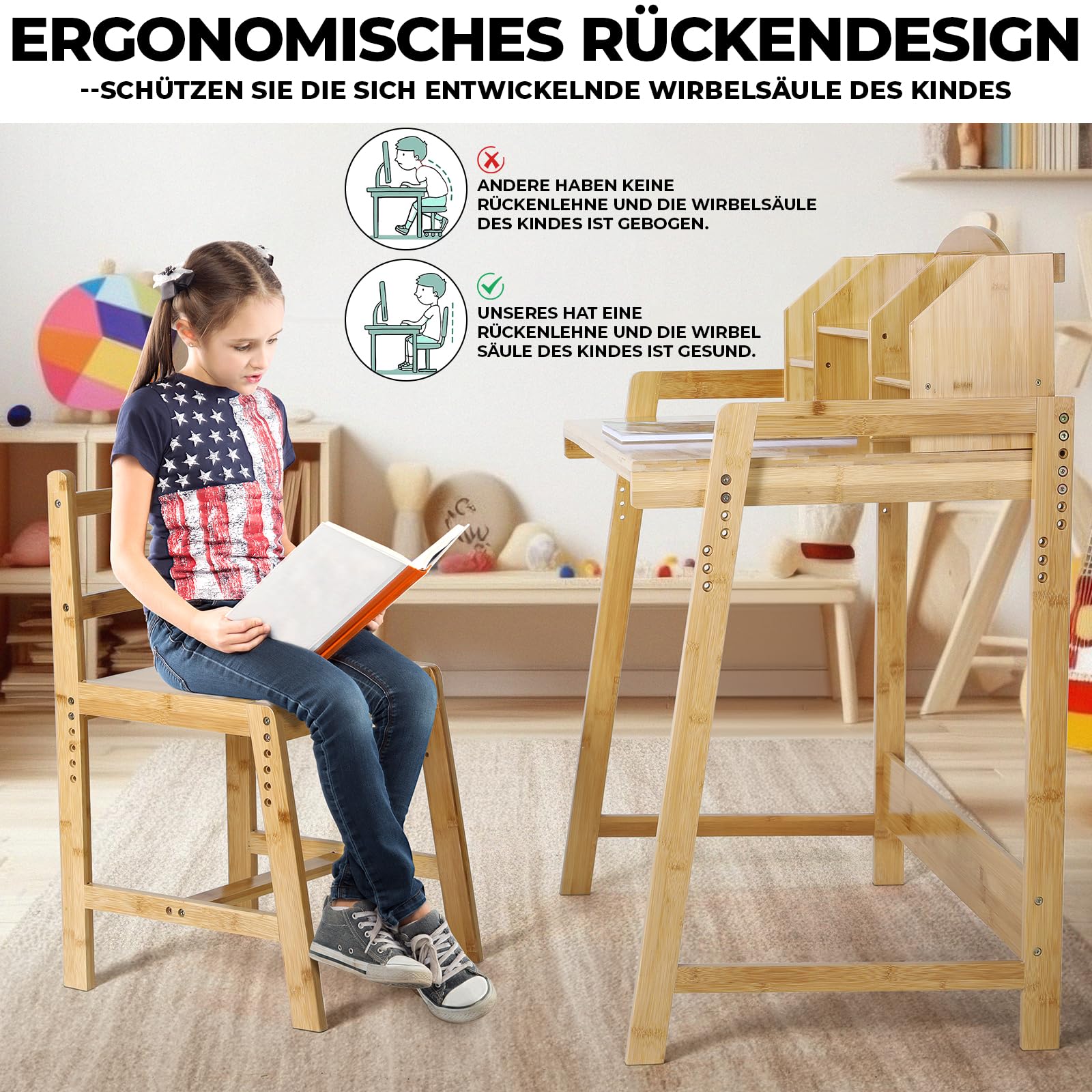MAMIZO Kinderschreibtisch Höhenverstellbar, Kinder Schreibtisch mit Stuhl, Bambus Holz Schreibtisch, Schülerschreibtisch mit Buchhalterung Stauraum, Schreibtisch Set für Kinder, Natürliche Farbe
