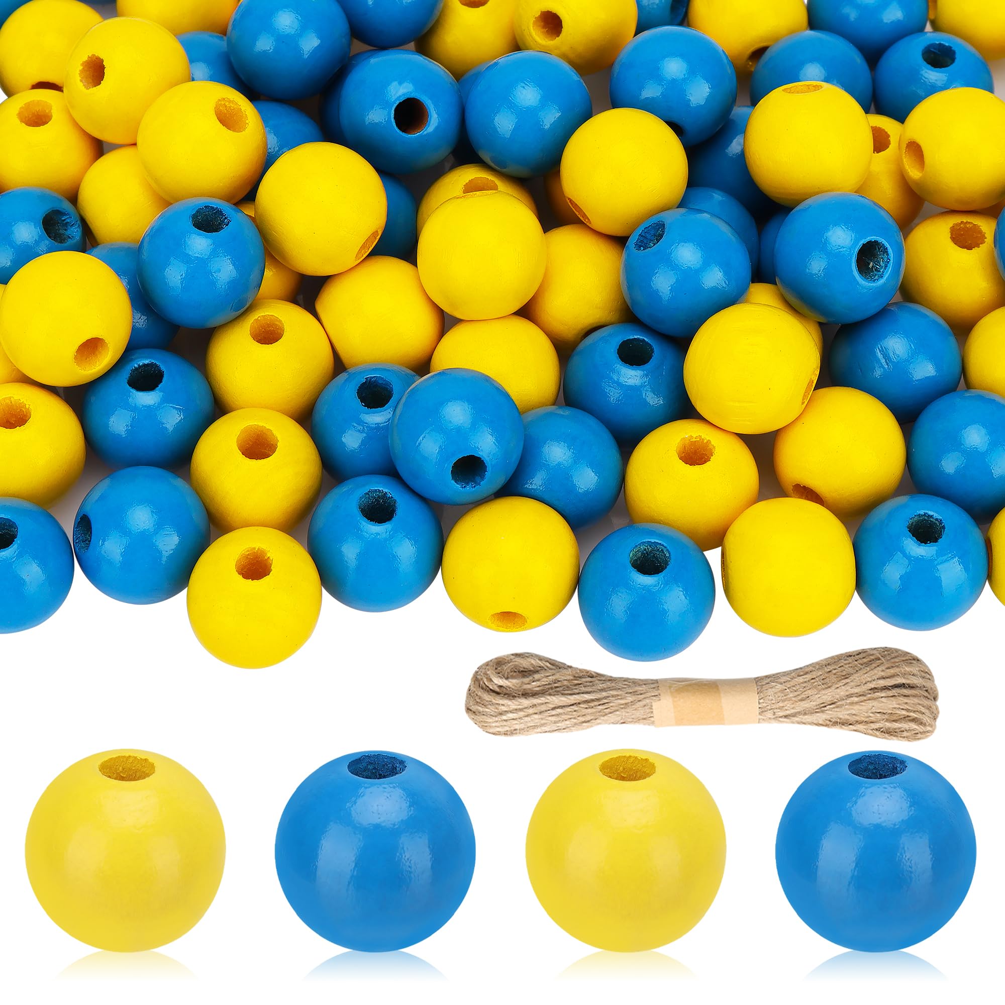 Lucleag200Pcs Hanukkah Craft Wooden Bead, Blue Yellow Round Wooden Beads DIY Crafts Kits, Chanukah Wood Beads Ornaments Jewish Festivals Wood Bead with Hemp Rope for Chanukah Party Supplies