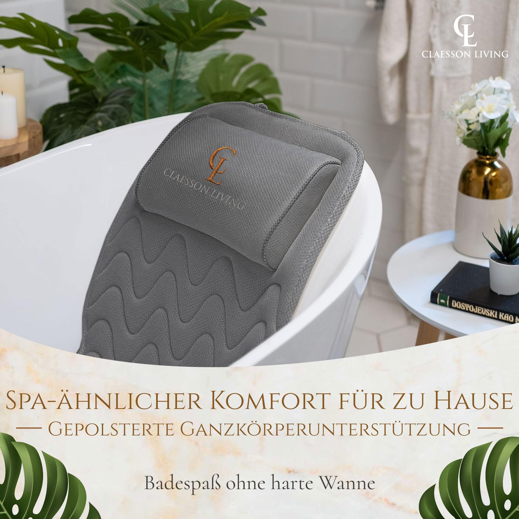 Badewannenkissen Ganzkörper Badekissen (125x43cm) - Badewannenmatte mit Kopfstütze unterstützt Nacken, Rücken und Beine - Mit Wasch- und Reisebeutel und Hängehaken für schnelles Trocknen - Grau