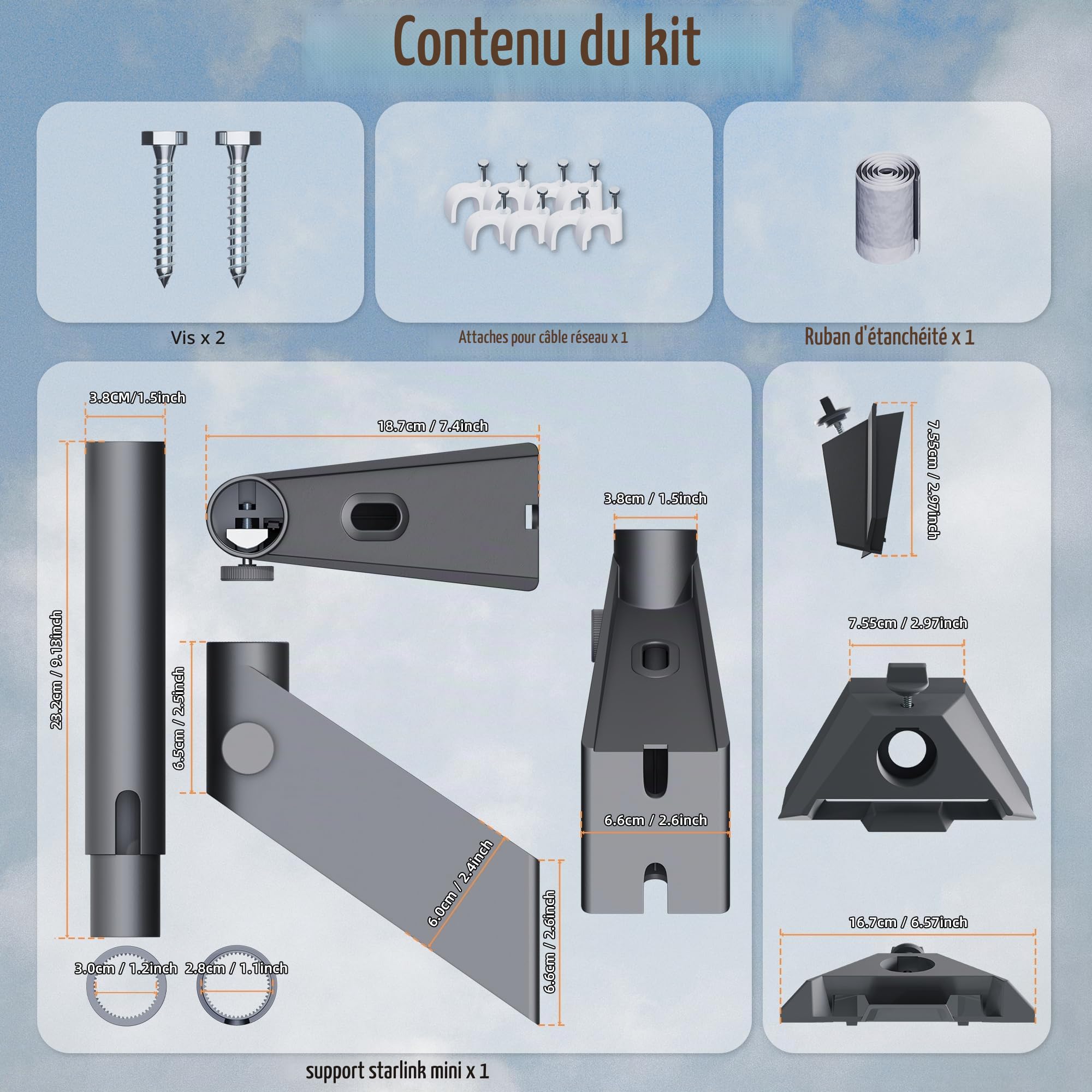 Joinfworld Support Starlink Gen 3, Support Starlink Mural 360° Ajustable pour Starlink V3, avec Adaptateur de Tuyau Starlink Gen 3, pour Camping-Cars, Balcons et Poteaux (Wallmount-DM6)