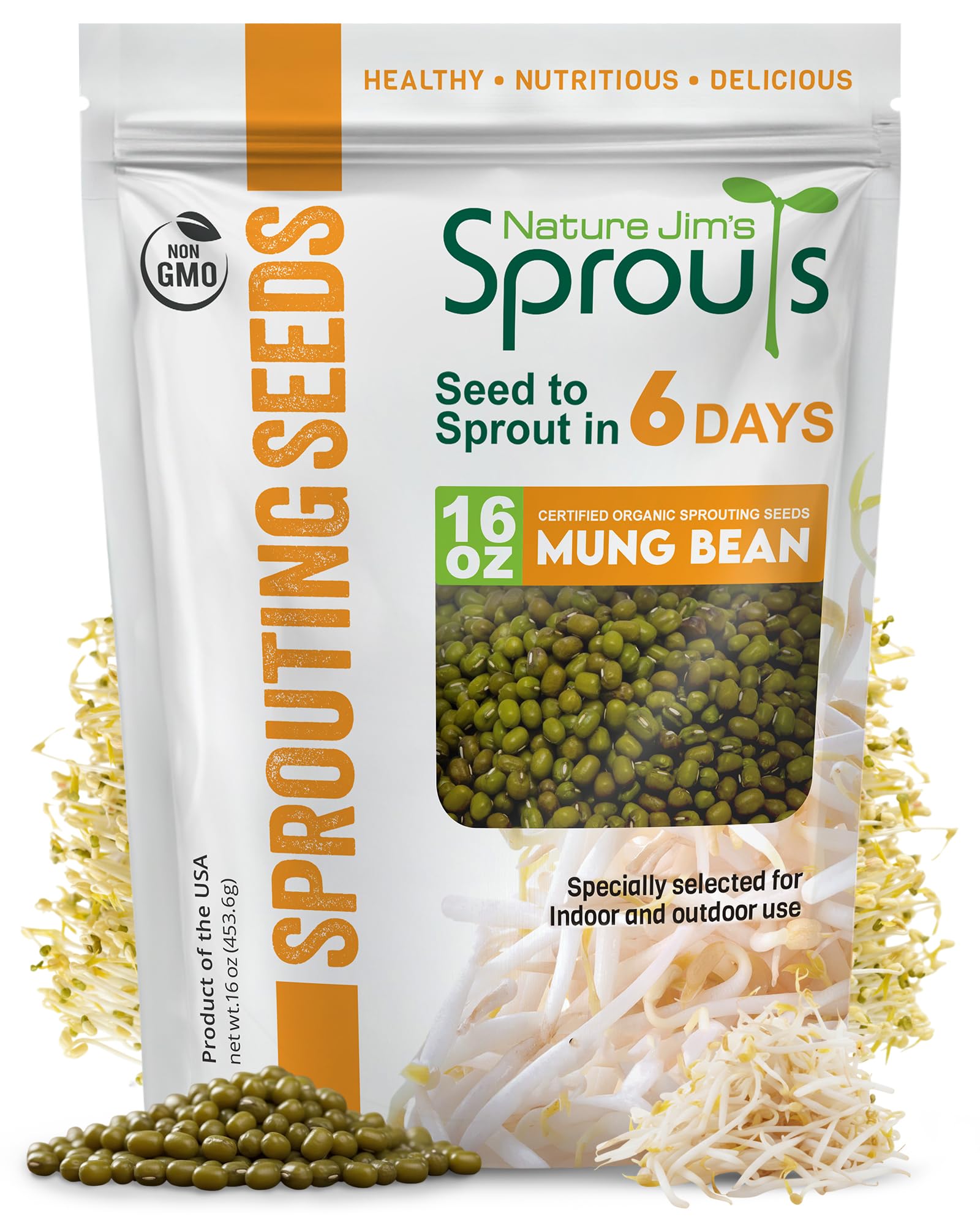 Nature Jims Sprouts Mung Bean Sprouting Seeds – Non-GMO Mung Beans for Growing Nutritious, Fresh Sprouts – Packed with Vitamins, Minerals & Fiber – Premium Resealable Bag for Longer Freshness – 16 Oz