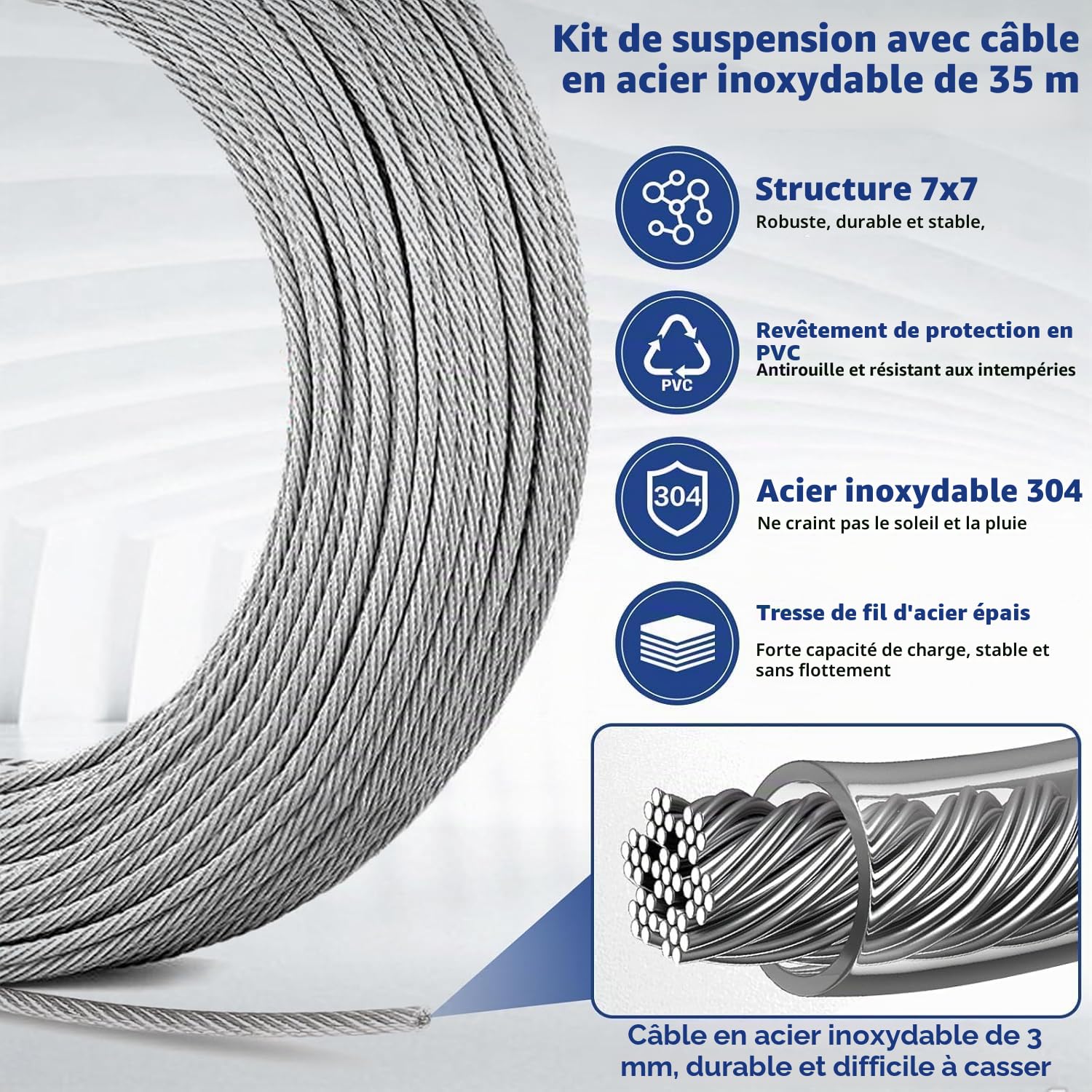 35M Câbles en Acier Inoxydable à Suspendre Kit,304 Cable Inox 3mm avec Tendeur Cable, Serre Cable Acier,Câble en Acier Gainé pour Treillis Plante Grimpante Exterieur,Corde a Linge,Garde Corps