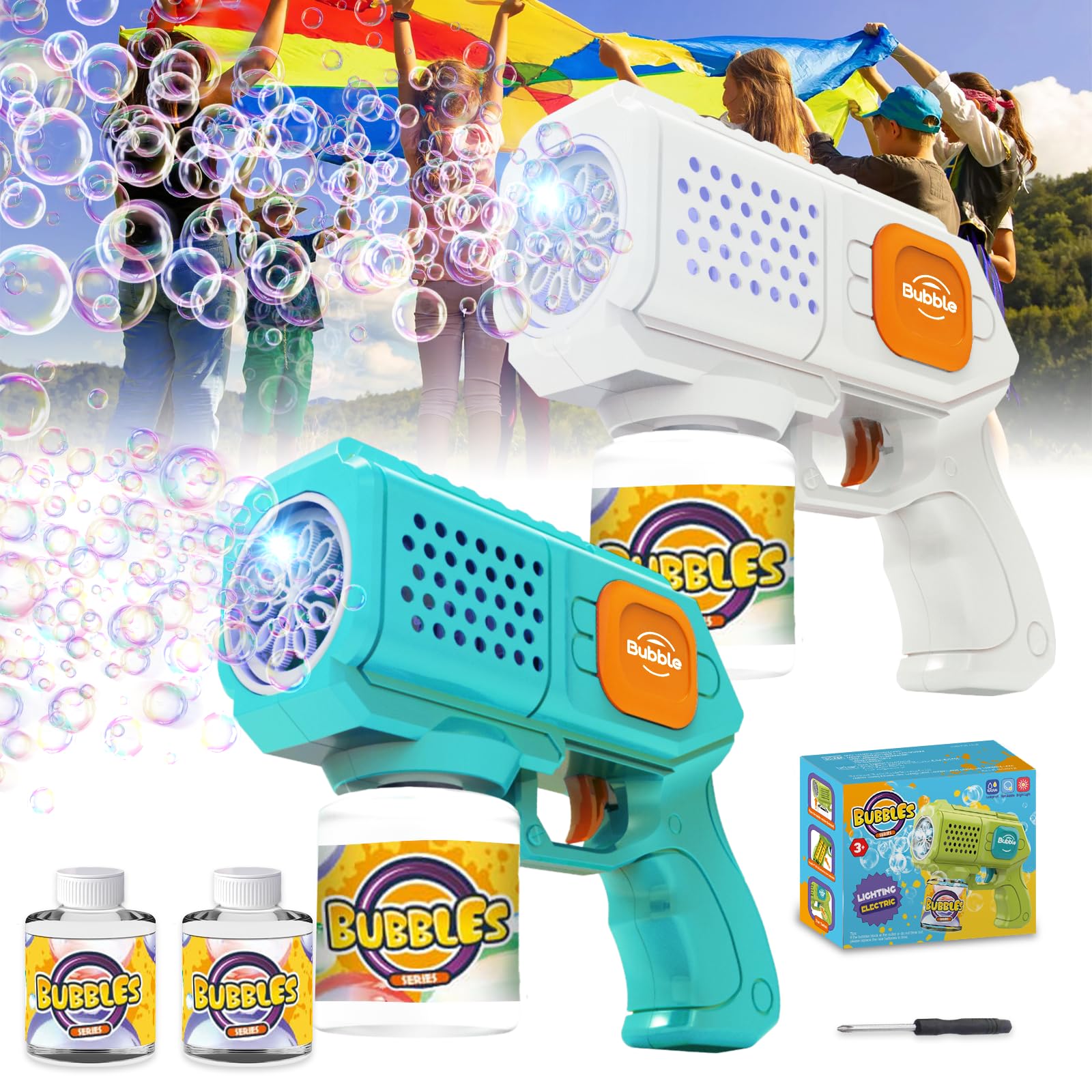 Panacare 2PCS Elektronische Seifenblasenpistole, Bubble Gun Kinder mit Seifenblasenlösung, Bubble Machine Toys 5000+ Blasen Outdoor Geschenk für Geburtstag/Party/Hochzeit, Bubble Gun 3-10Jahr